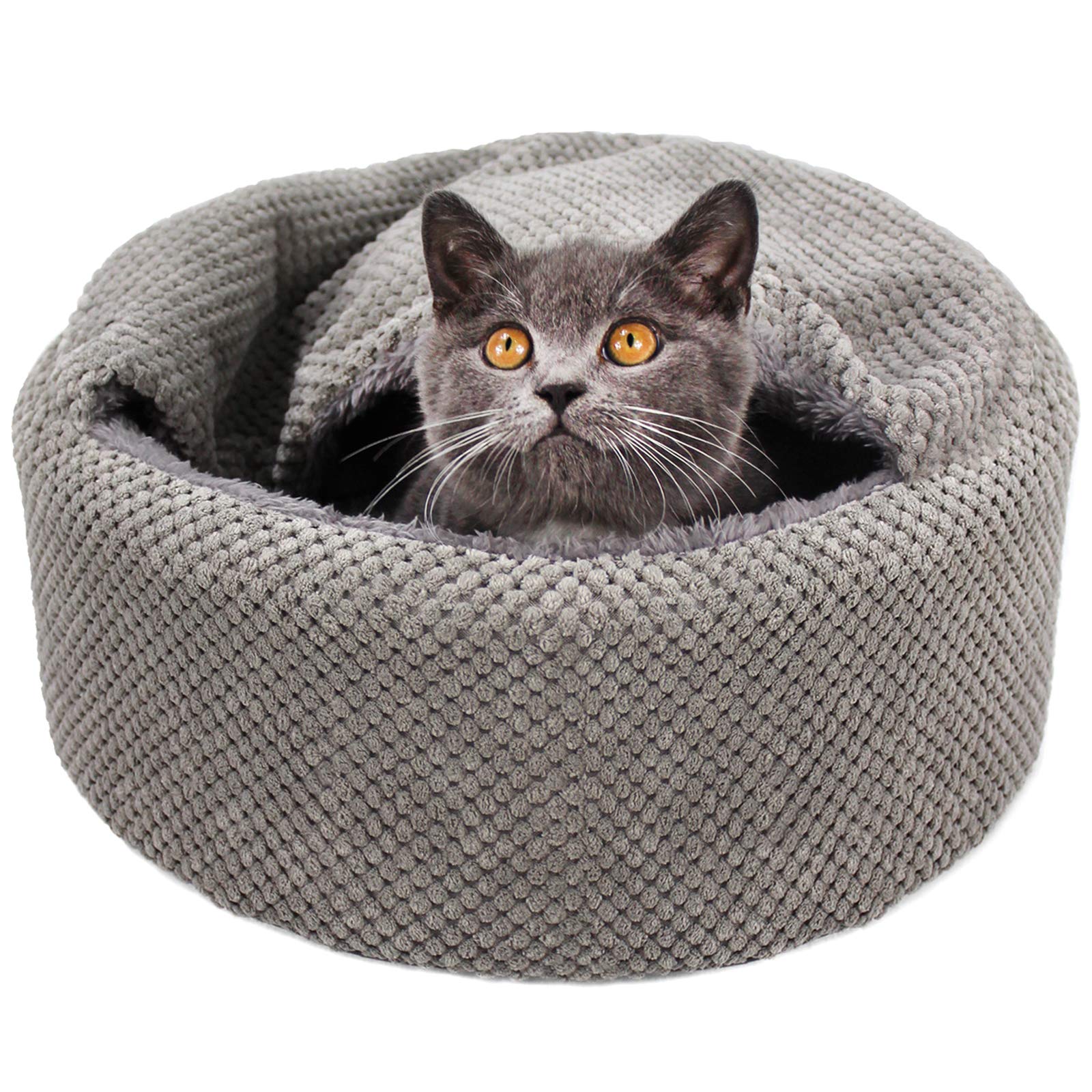 Winsterch Washable Cat Bed - Round Soft, Cozy & Warming for Indoor Cats. Calming Kitten Pet Bed. Small Pet Covered Cat Cave Beds (Gray,12.59 x 12.59 x 5.91 in)