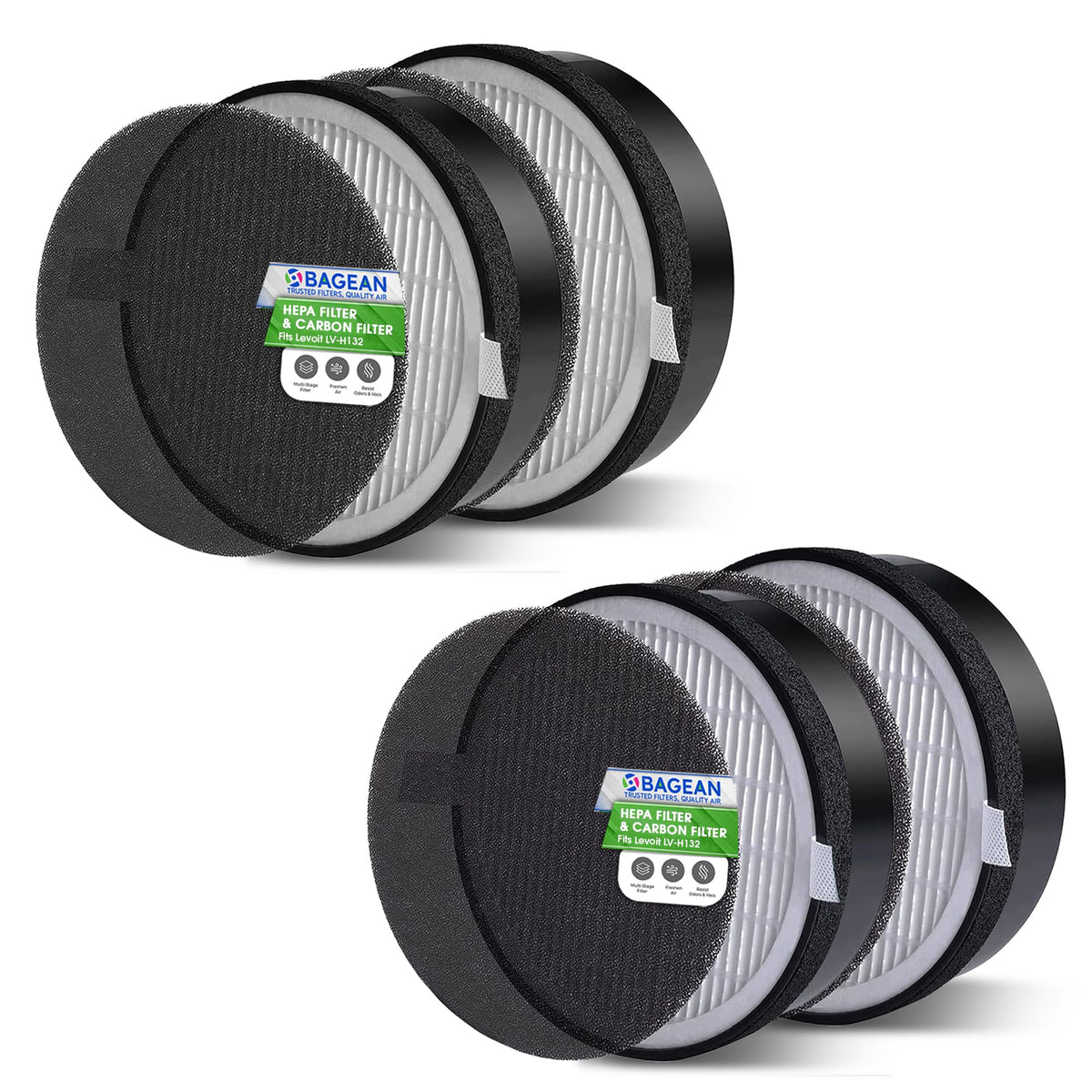 Bagean LV-H132 Replacement Filter for Levoit Air Purifier Compatible with Levoit Replacement Filter - Certified H13 True HEPA with Activated Carbon Filters 99.97% of Particles and Purifies Air (4-Pk)