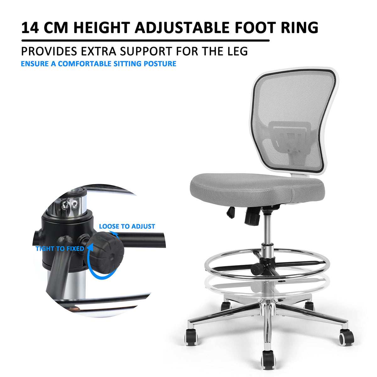 Drafting Chair, Tall Office Chair for Standing Desk, Drafting Stool with Lumbar Support, Adjustable Height and Foot Ring, Grey