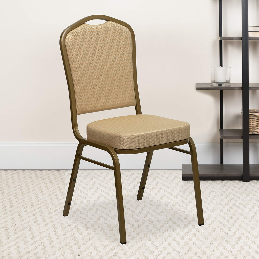 Emma + Oliver Crown Back Stacking Banquet Chair, Brown Fabric/copper Vein Frame, 17.25"W x 20.25"D x 38"H
