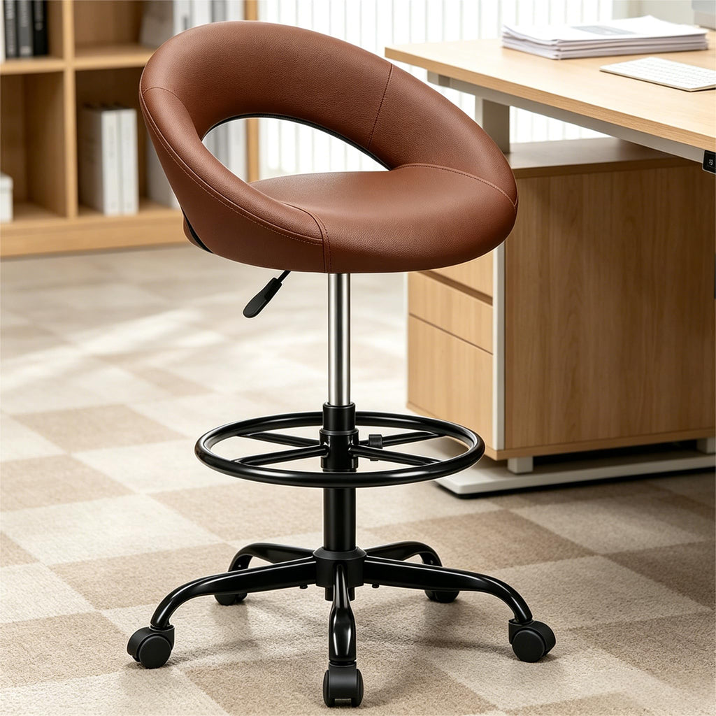 Stella Mia Rolling Bar Stool with Back Support & Wheels, Pu Leather Brown, 1 Pack