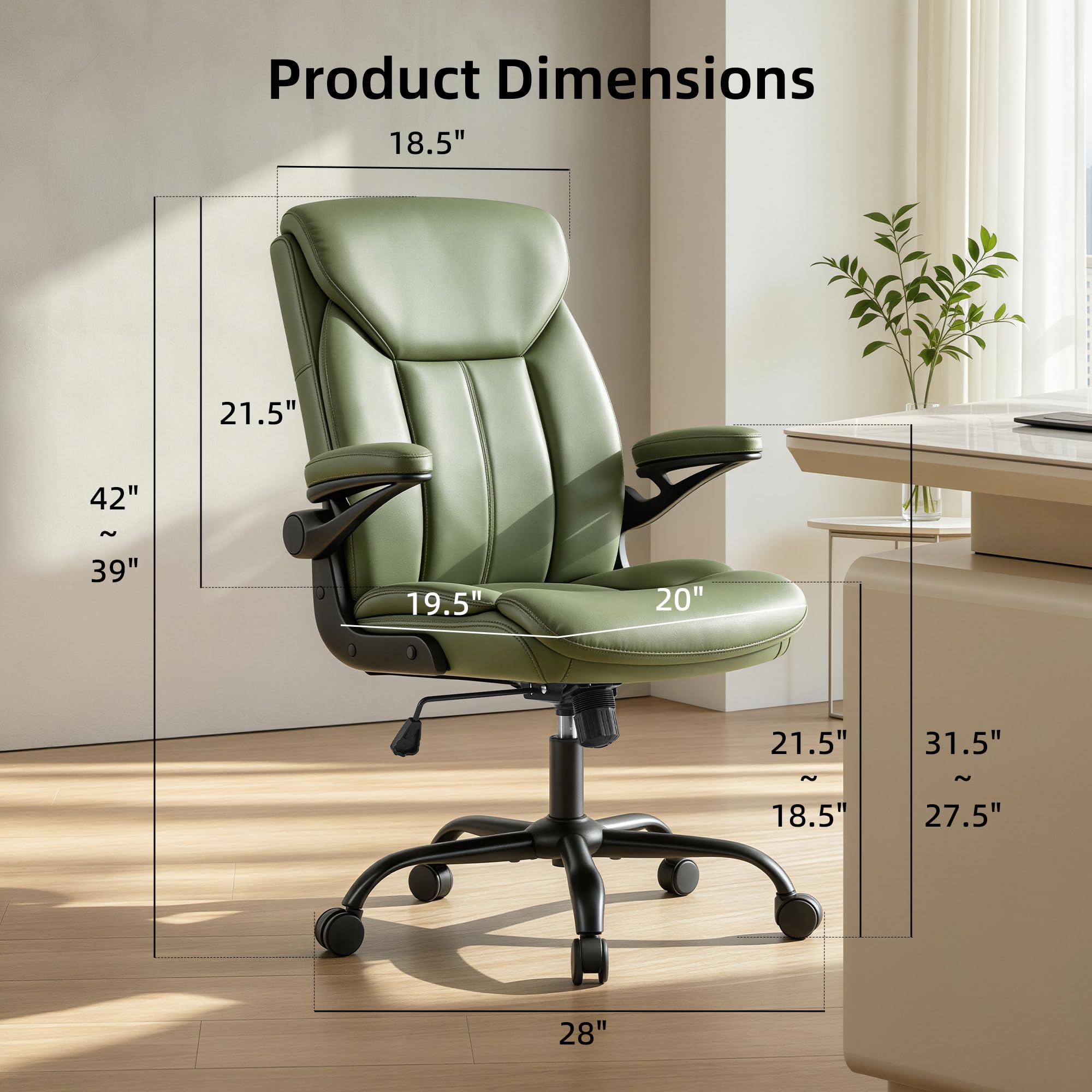 Joynet Leather Executive Office Chair - Green Ergonomic Computer Desk Chair, 18.9"D x 25.2"W x 38.2- 42.1"H