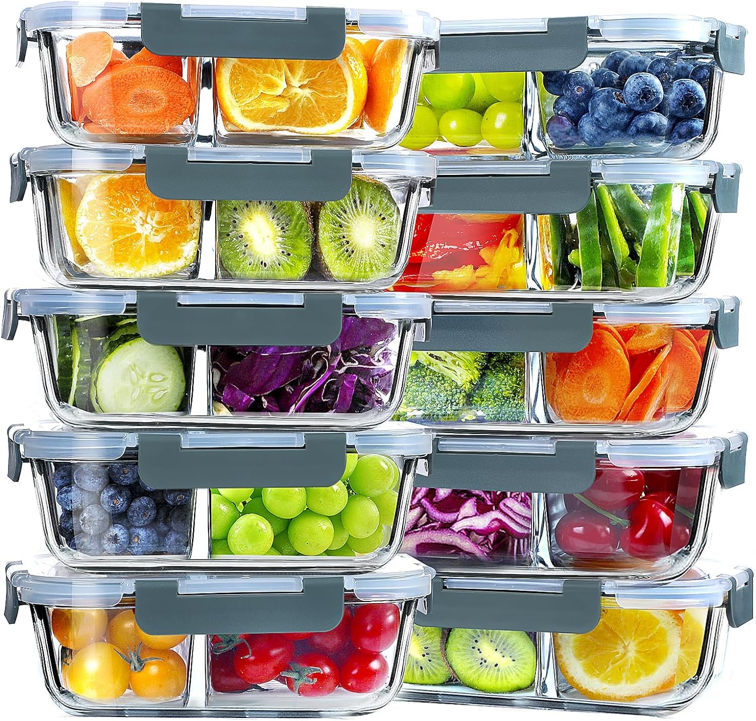 VERONES 10 Pack Glass Meal Prep Containers 2 Compartment Set, 30 OZ Airtight Glass Lunch Containers, Glass Food Storage Containers with Lids, for Microwave, Oven, Freezer & Dishwasher Friendly?Grey
