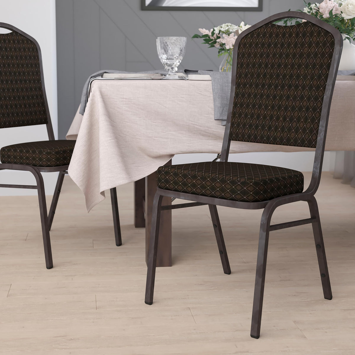 Flash Furniture Hercules Fabric Crown Back Stackable Banquet Chair, Brown, Set of 1, Brown Patterned Fabric/gold Vein Frame