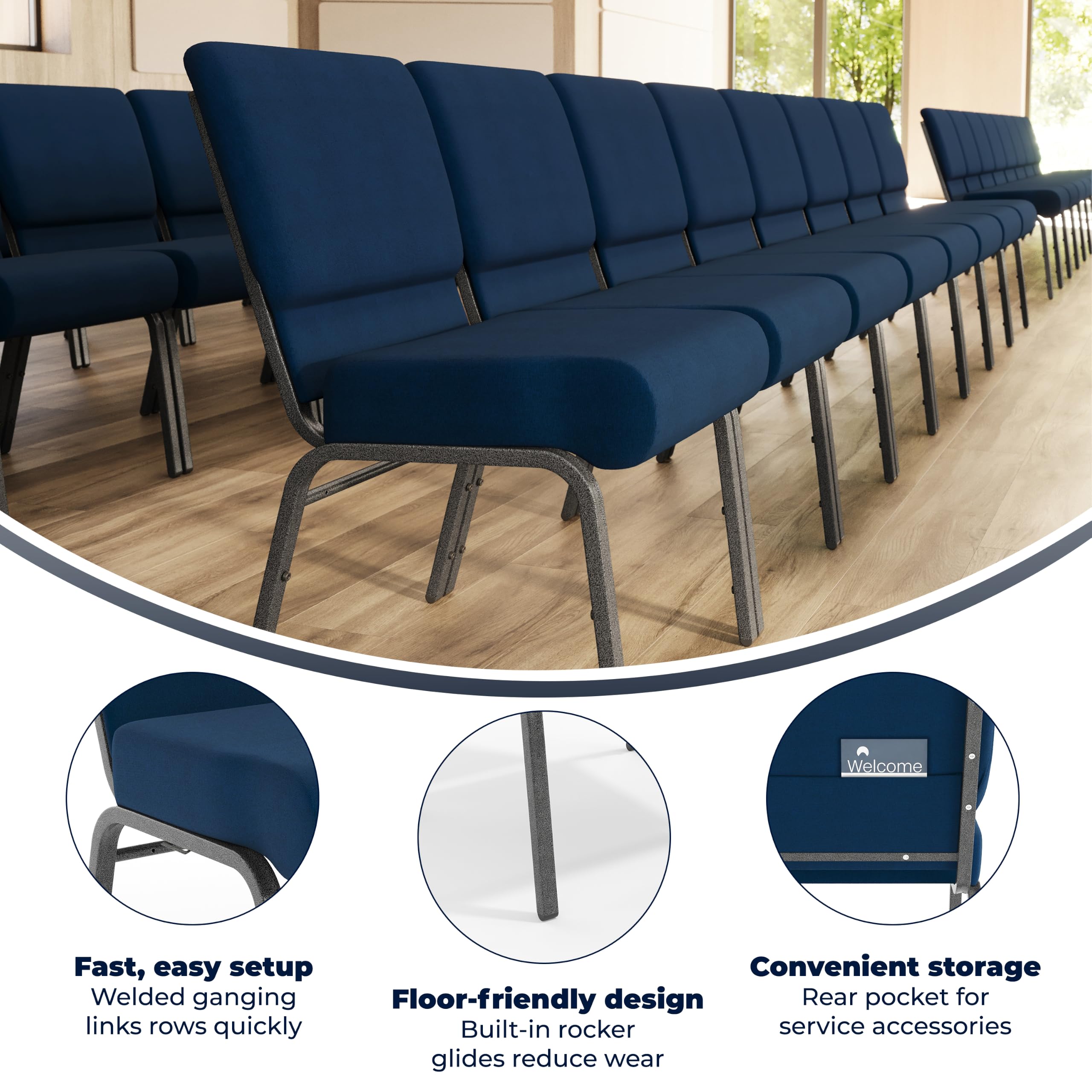 Flash Furniture Hercules Series 21''w Stacking Church Chair in Navy Blue Fabric - Silver Vein Frame, Set of 1, Navy Blue Fabric/silver Vein Frame
