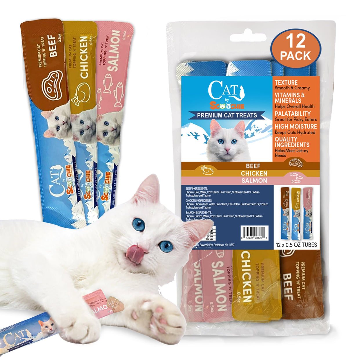 Scoochie Pet Products Cat by Scoochie Assorted Lick Treats – Chicken, Salmon & Beef | 0.5oz | 12 Pack