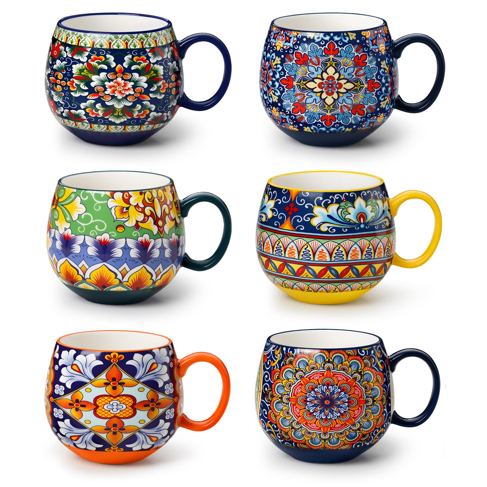 vancasso Coffee Mugs Set of 6, Coffee Cups Ceramic 18oz, Porcelain Coffee Mugs for Cappuccino, Latte, Espresso, Colorful Coffee Mugs with Handle, Rounded Boho Mugs, Microwave & Dishwasher Safe