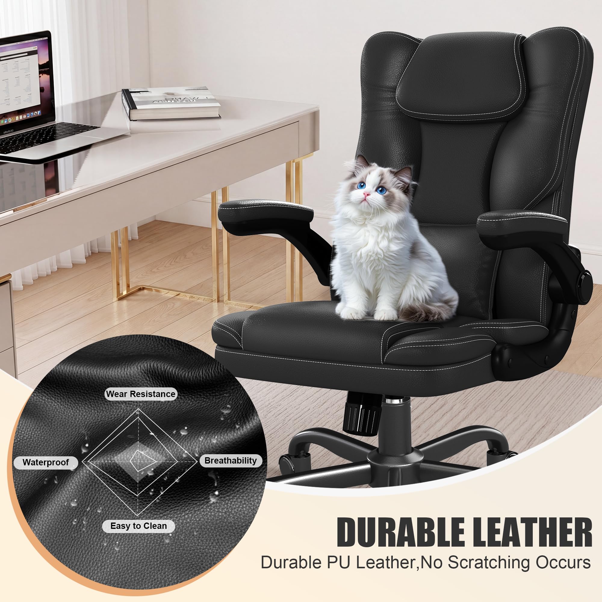 Ergonomic Office Chair Flip Up Arms Lumbar Support Home Desk Swivel Chair, Middle, Black