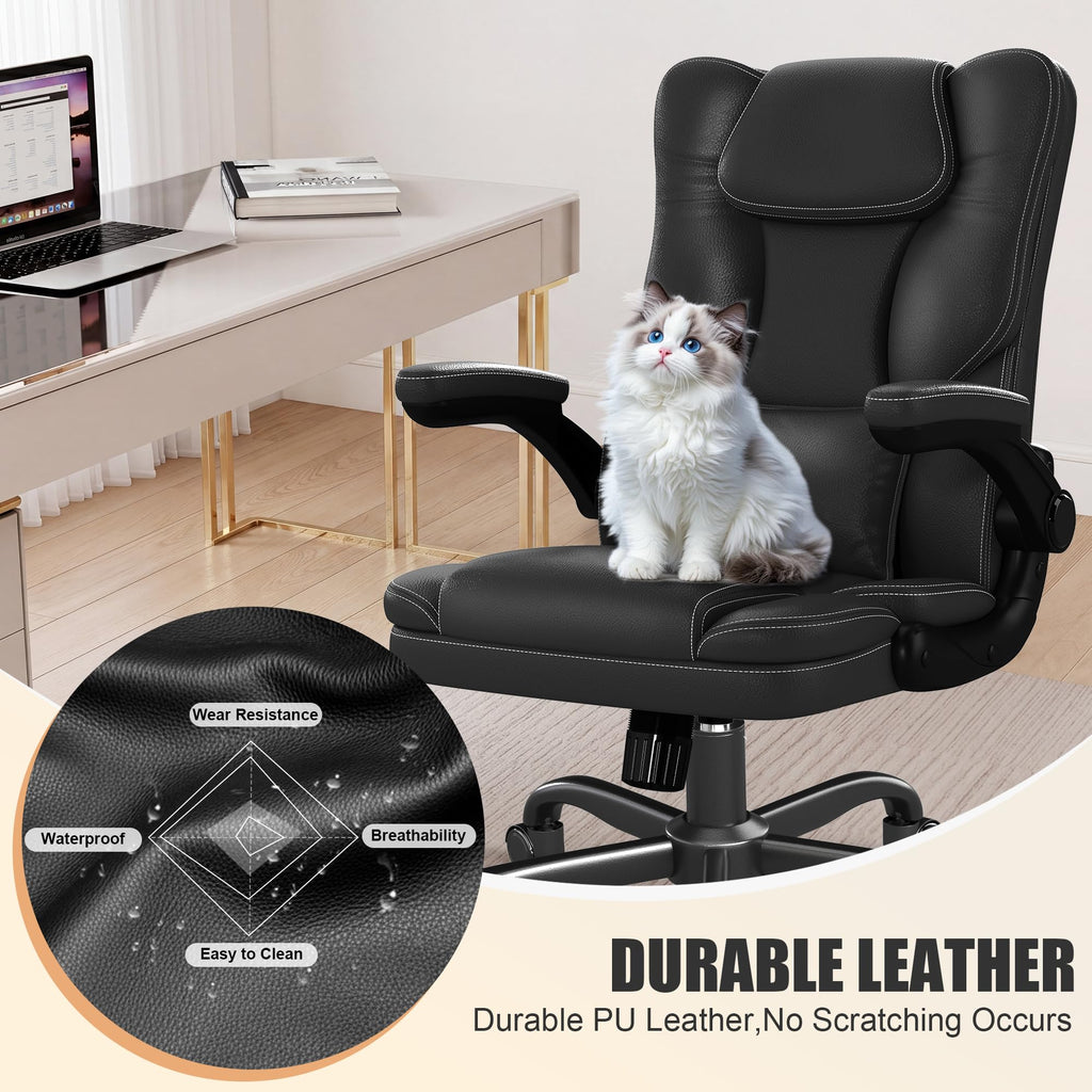 Ergonomic Office Chair with Flip-up Armrests, Mid Back Executive Pu Leather Desk Chair, Height Adjustable with Lumbar Support, Rocking & Swivel