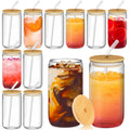 12 Pcs Glass Cups with Bamboo Lids and Straws - 16oz Glass Tumbler, Iced Coffee Cup, Can Shaped Drinking Glasses for Coffee, Tea, Smoothie, Juice, Cocktail Include 2 Cleaning Brushes