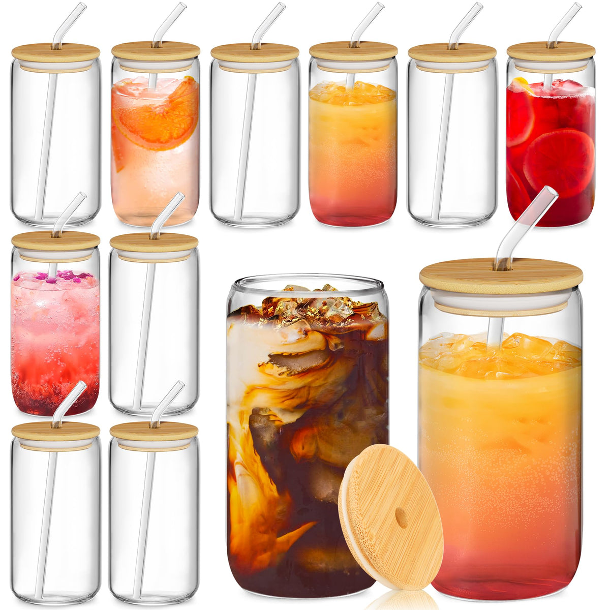 12 Pcs Glass Cups with Bamboo Lids and Straws - 16oz Glass Tumbler, Iced Coffee Cup, Can Shaped Drinking Glasses for Coffee, Tea, Smoothie, Juice, Cocktail Include 2 Cleaning Brushes