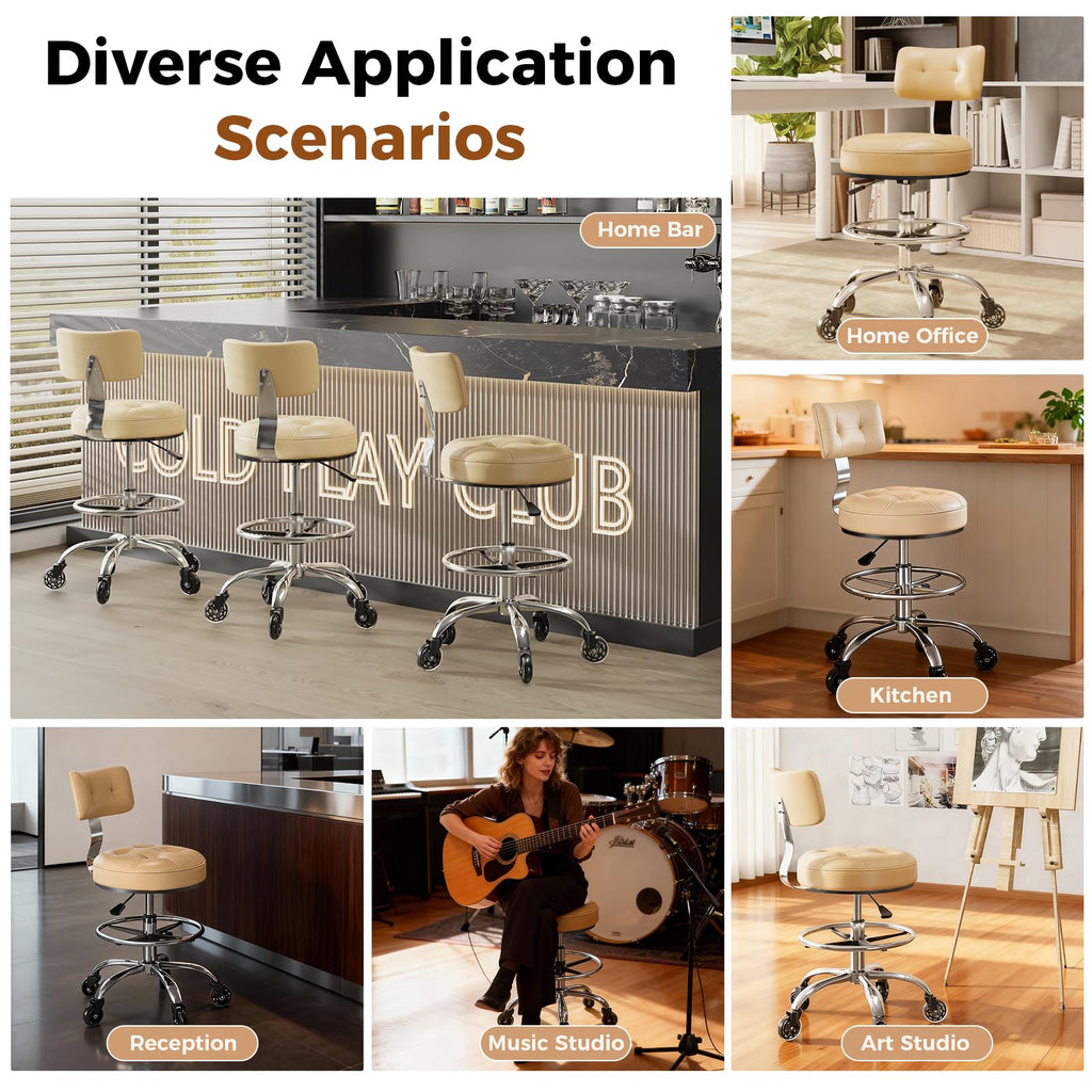 Freekyrock Office Drafting Chair with Footrest, Tall Height Adjustable Stool with Back Support, Heavy Duty Rolling Stool Chair with Wheels for