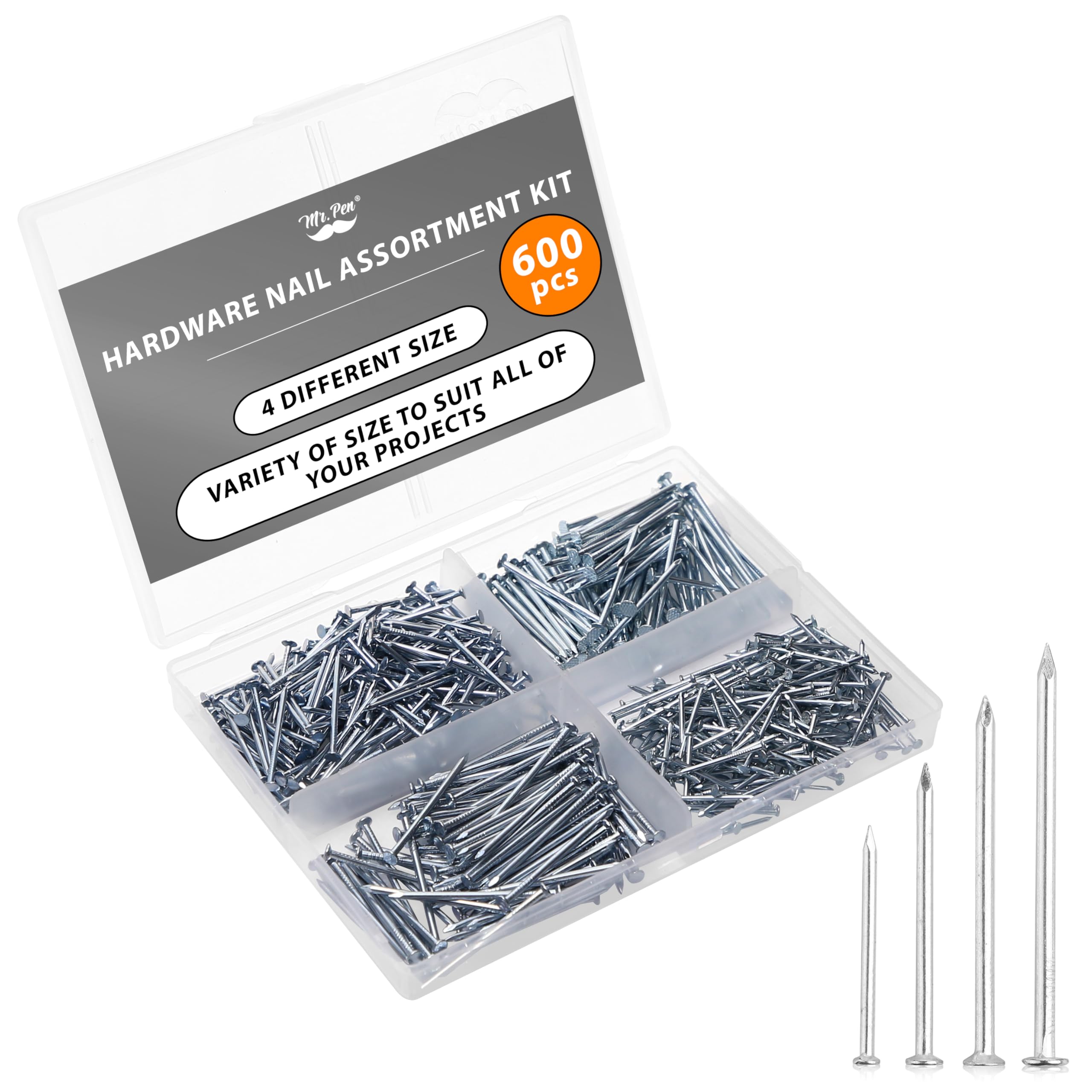 Mr. Pen- Nail Assortment Kit, 600 pcs, 4 Sizes, Silver Picture Hangers | Small Nails for Hanging Pictures, Finishing Nails for Drywall and Wood