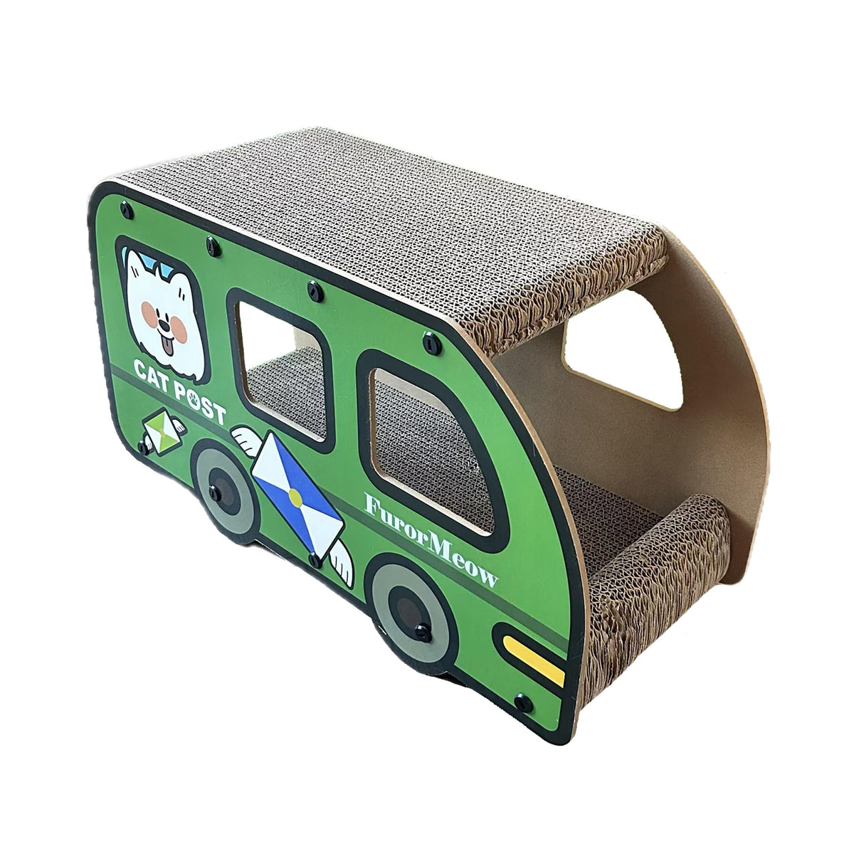 Cat Scratching House, Cat Cardboard House Green Bus, Long Scratching Post, 9x11.8x22 Inches, Fun Cube & Tunnel, Peekaboo Hideaway for Indoor Cats