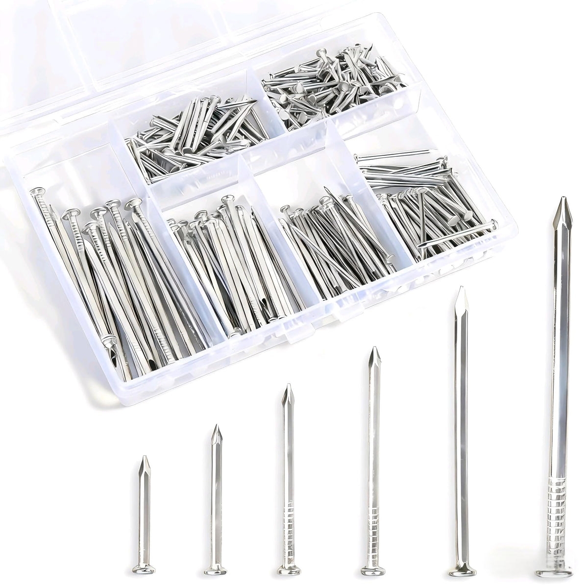 280 Pcs Nail Assortment Kit, 6 Sizes Finishing Nails for Hanging Pictures, Maximum Length 2 Inches Galvanized, Long and Small Nails for Wall Art
