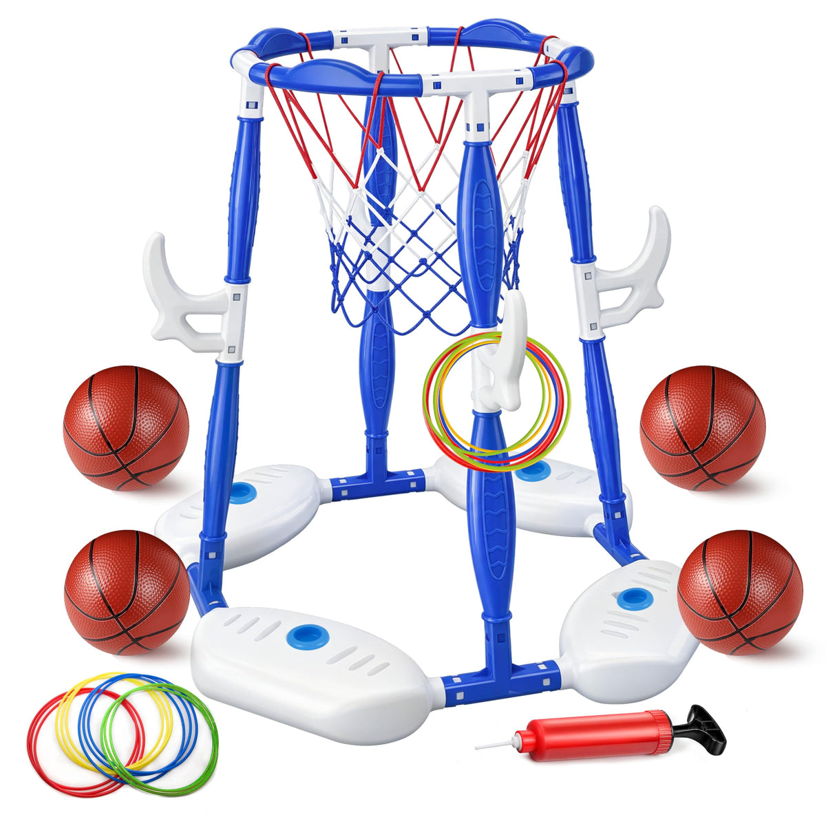 Pool Basketball Hoop, 2-in-1 Floating Basketball Hoop & Ring Games with 4 Balls 12 Rings and Pump, Outdoor Family Party Water Swimming Pool Basketball Float Toys for Kids Ages 4-8 8-12