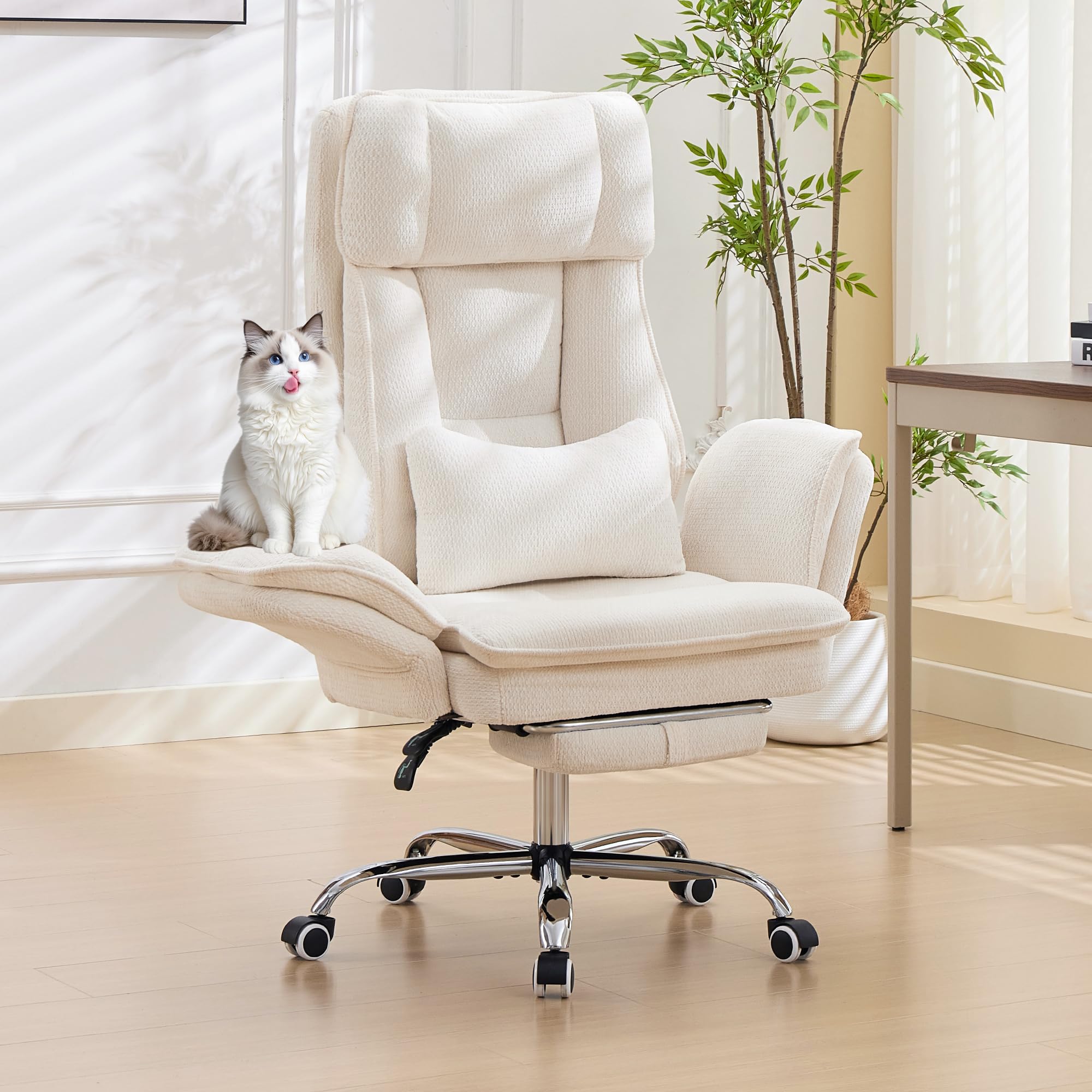 Big and Tall Cross Legged Office Chair with Flip Armrests and Foot Rest, oversized, Off-white