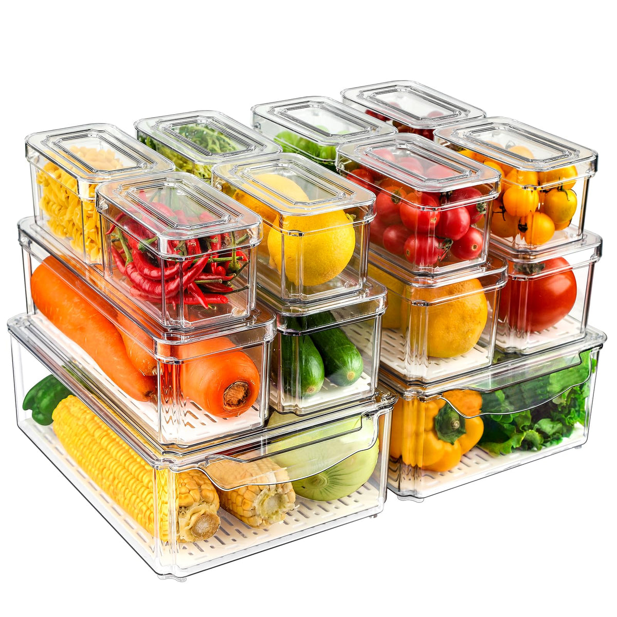 14 Pack Fridge Organizers and Storage - Refrigerator Organizer Bins with Lids, BPA-Free Fridge Organization, Fruit Storage Containers for Fridge, Vegetable, Food, Drinks, Cereals, Clear