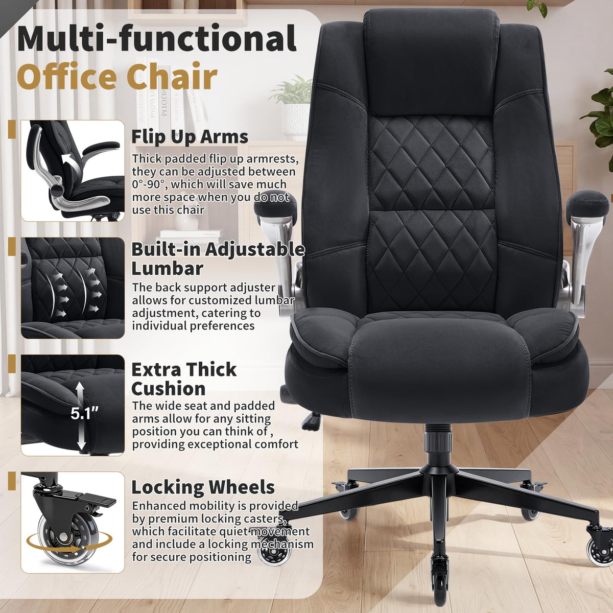 Fabric High Back Office Chair, Thick Padded Ergonomic Computer Desk Chair, Large, Black