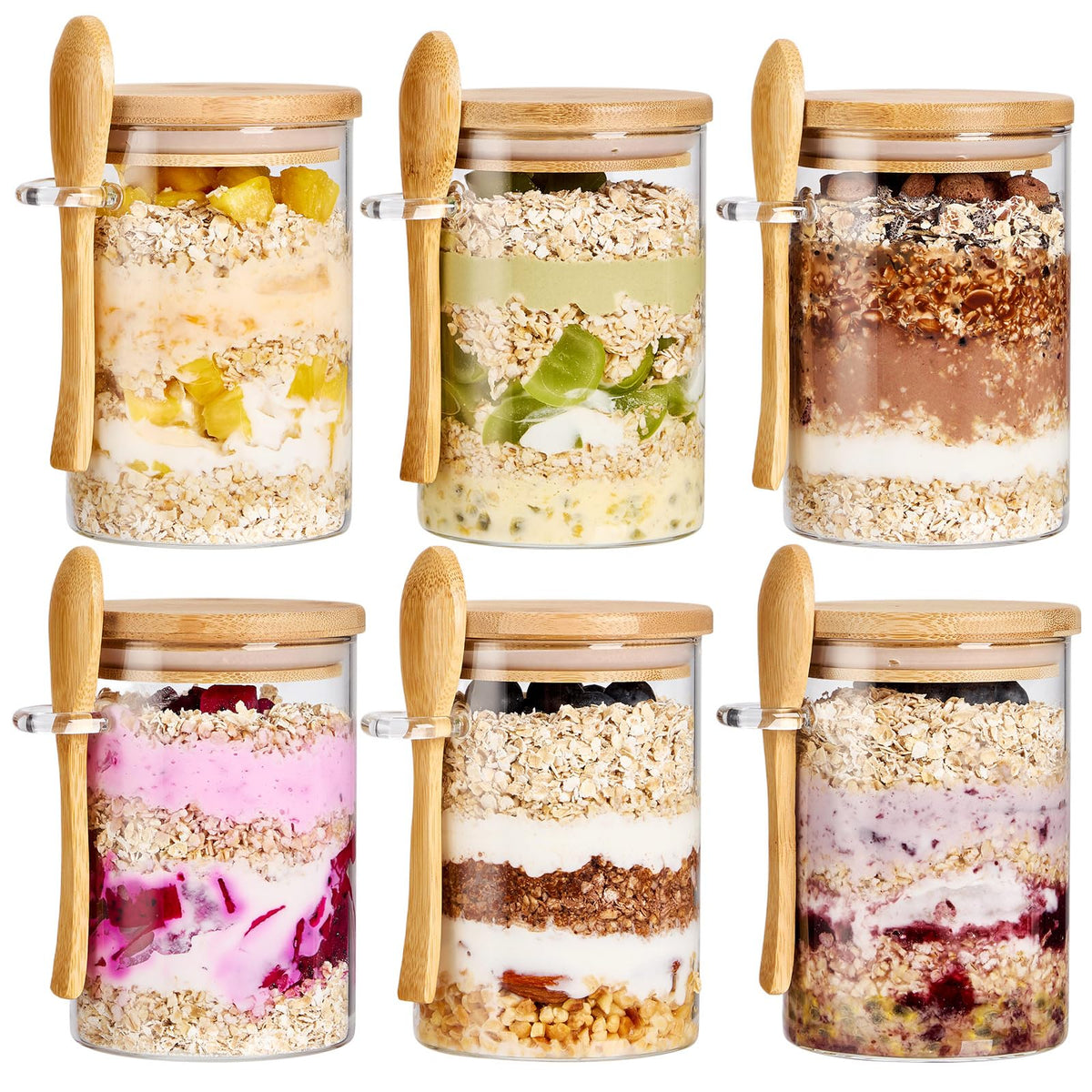 6 Pack Overnight Oats Containers with Bamboo Lids and Spoons - 22 oz Airtight Glass Jars with Lid, Meal Prep Jars for Chia Pudding, Yogurt, Salad, Cereal, Coffee, Flour | Food Storage Canister