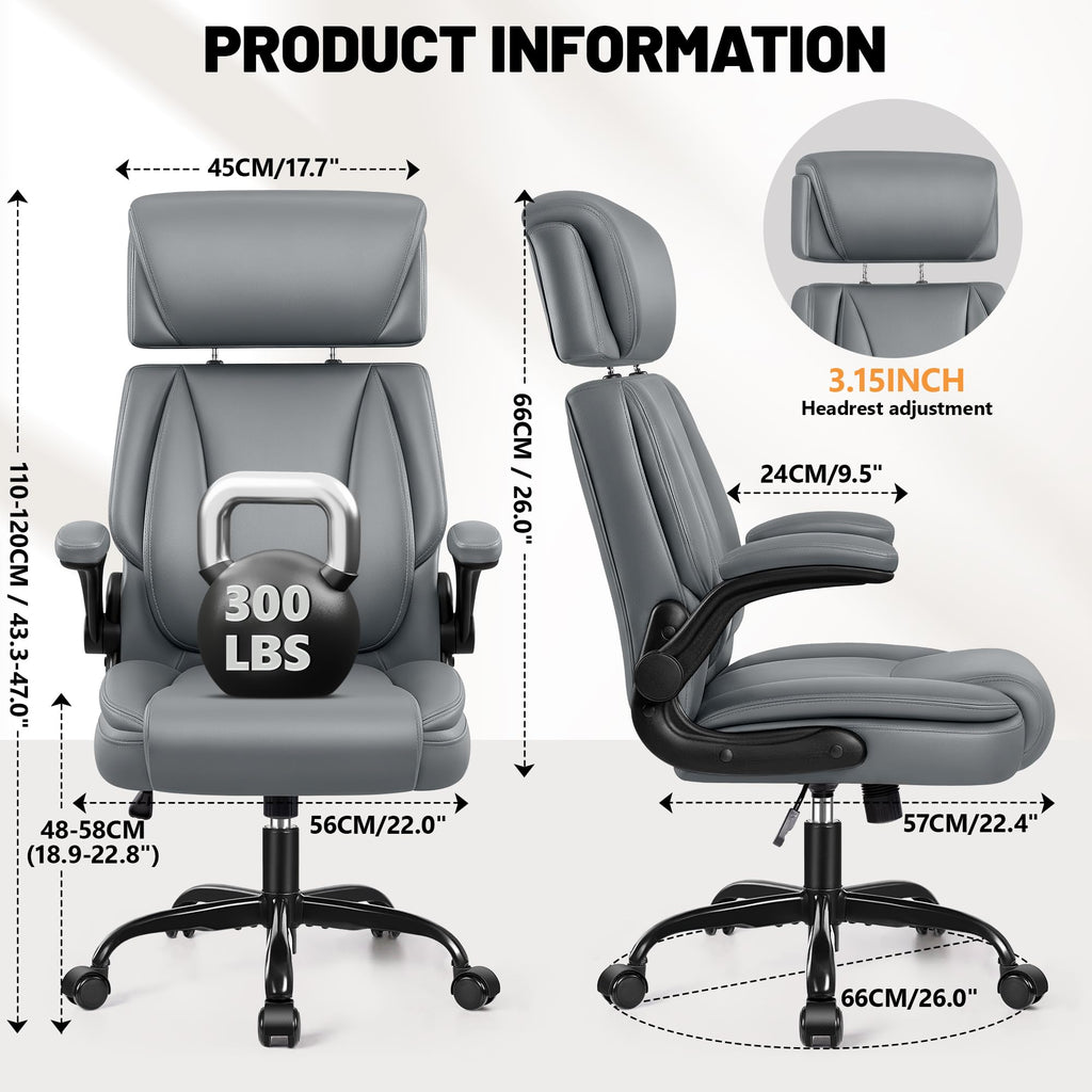 Bestglory Ergonomic Office Chair, Pu Leather Executive Desk Chair with Adjustable Headrest, Flip-up Arms and Lumbar Support, High Back Computer