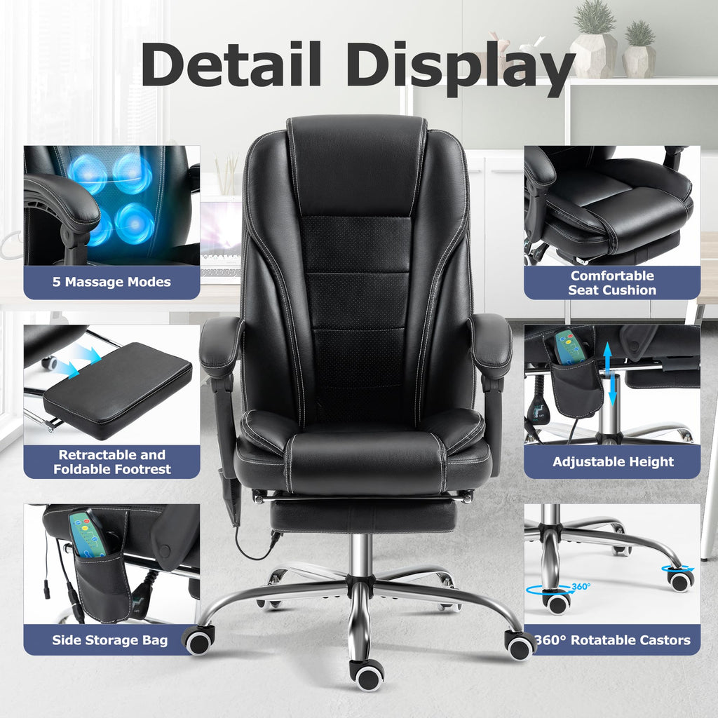 Tonghuas Massage Office Chair with Foot Rest Vibration and Heating, 90-130° Reclining Desk Chair, Ergonomic Reclining Computer Gaming Leather