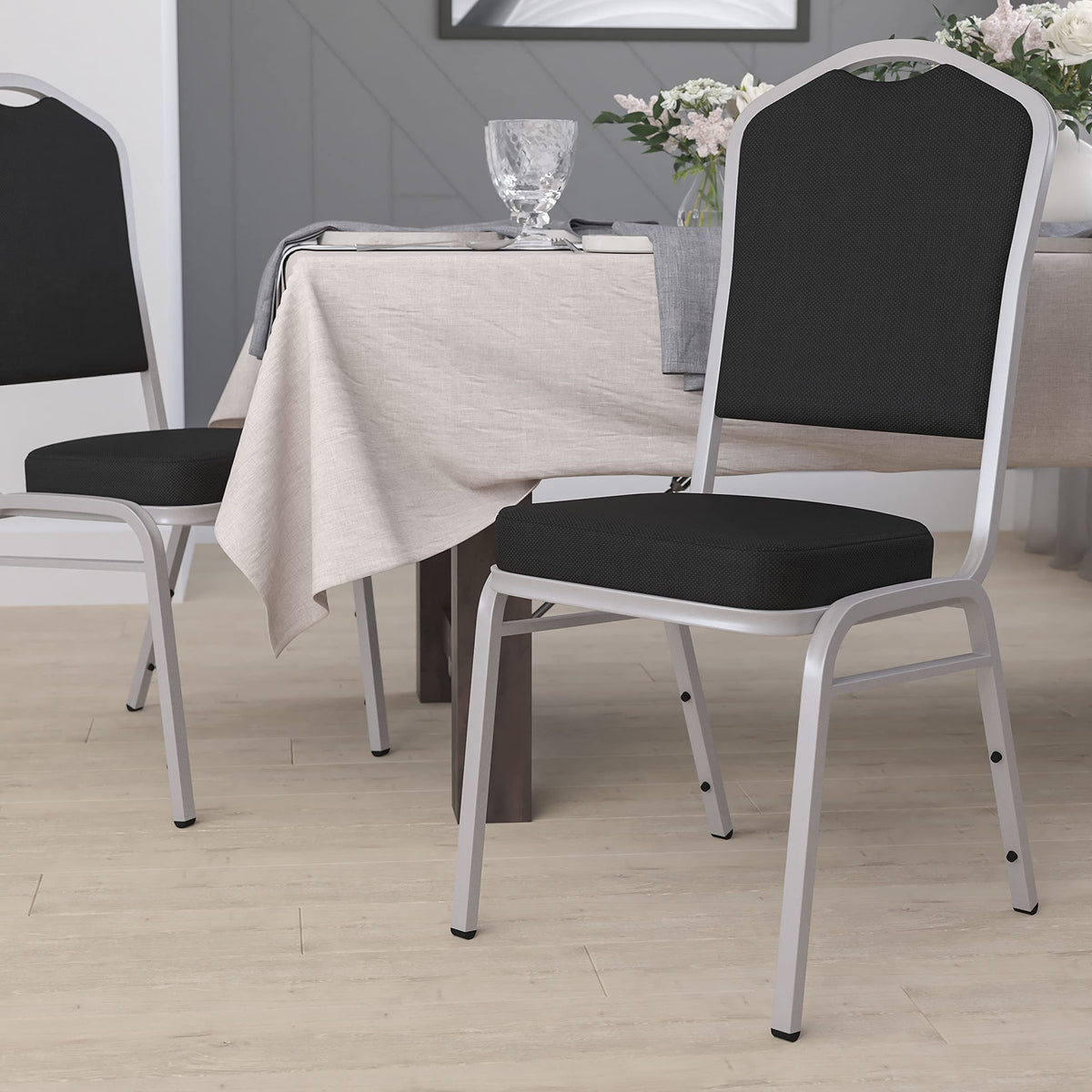 Flash Furniture Hercules Fabric Crown Back Stackable Banquet Chair, Silver, Set of 1, Black Fabric/silver Frame