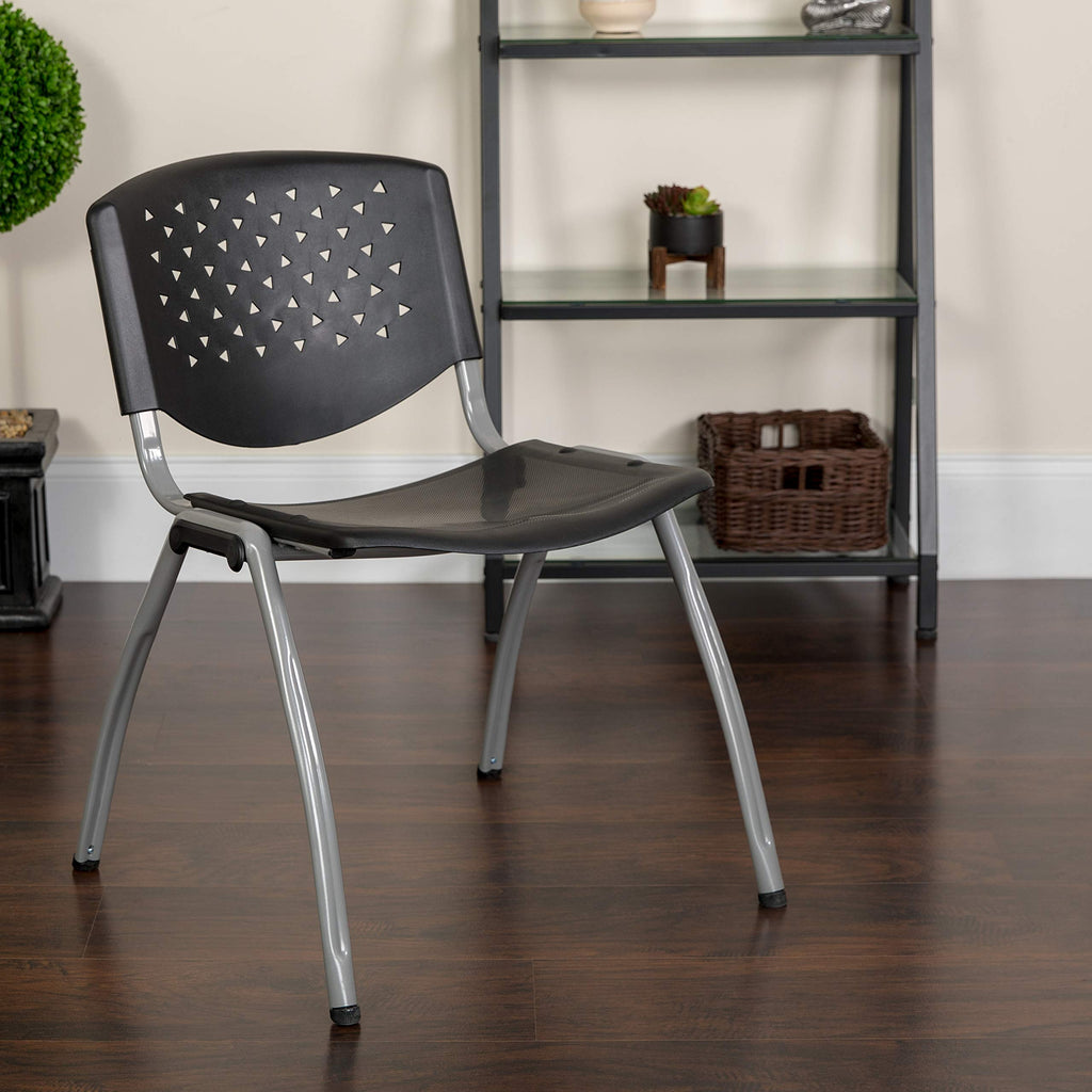 Emma + Oliver Home and Office Black Plastic Stack Chair with Perforated, 20.75"W x 24.5"D x 28.5"H