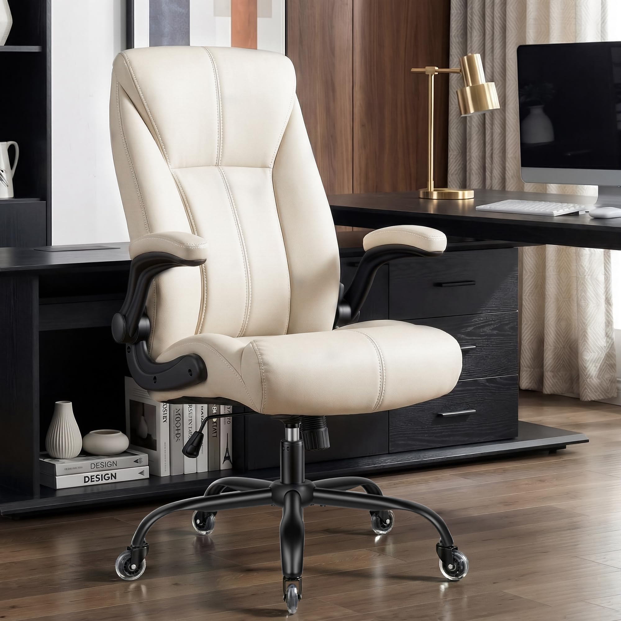 Big and Tall Office Chair for Heavy People, 400lbs High Back Extra Wide Executive Pu Leather Office Chair with Flip-up Armrests, Quiet Rubber