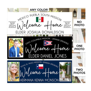 Welcome Home Missionary Banner for Front Yard Outdoors and Airport with Picture, Photos, Flag, Black or White Two Missions Option Homecoming