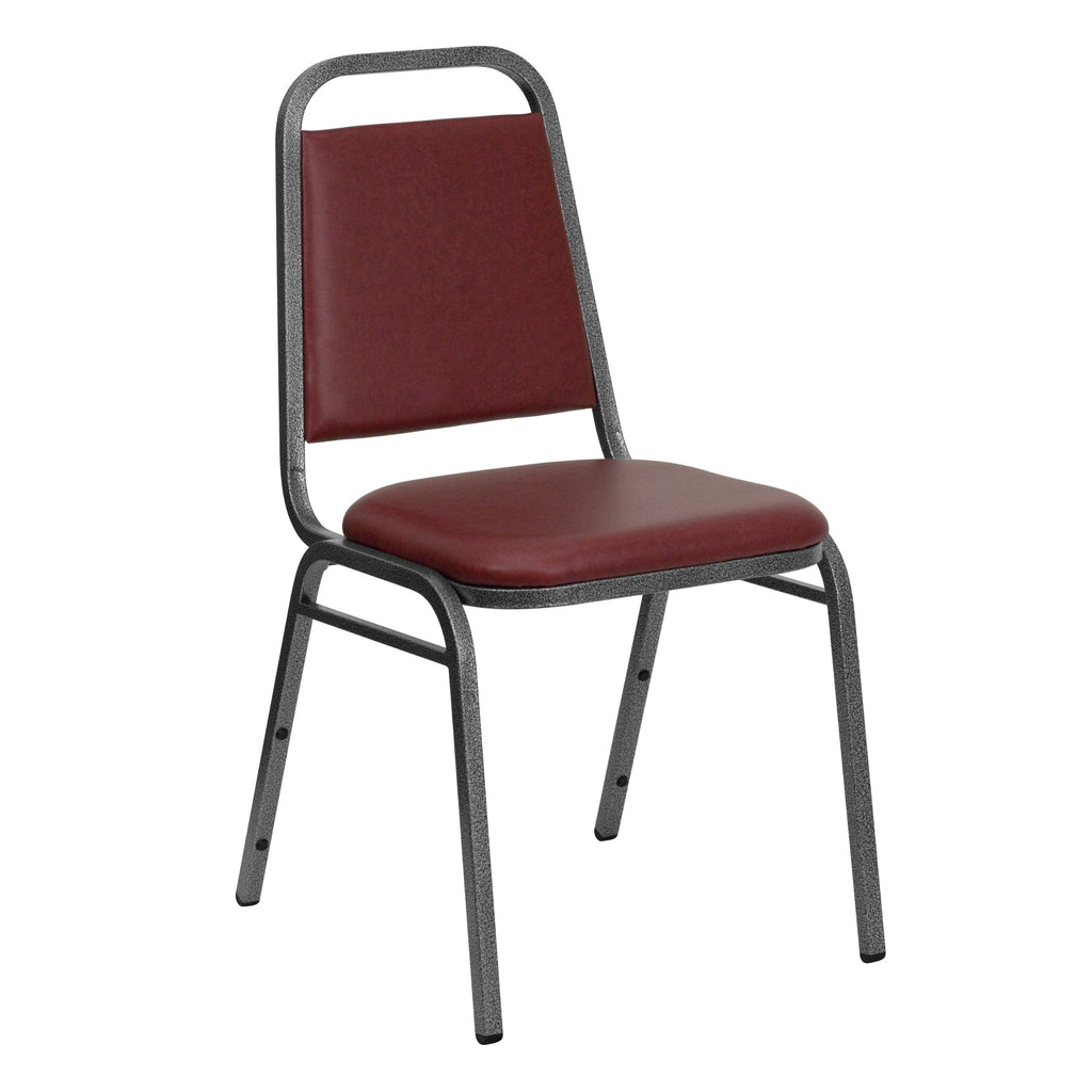 Emma + Oliver Burgundy Vinyl Trapezoidal Back Stacking Banquet Chair, 17.5"W x 20.25"D x 34"H, Burgundy Vinyl/silver Vein Frame