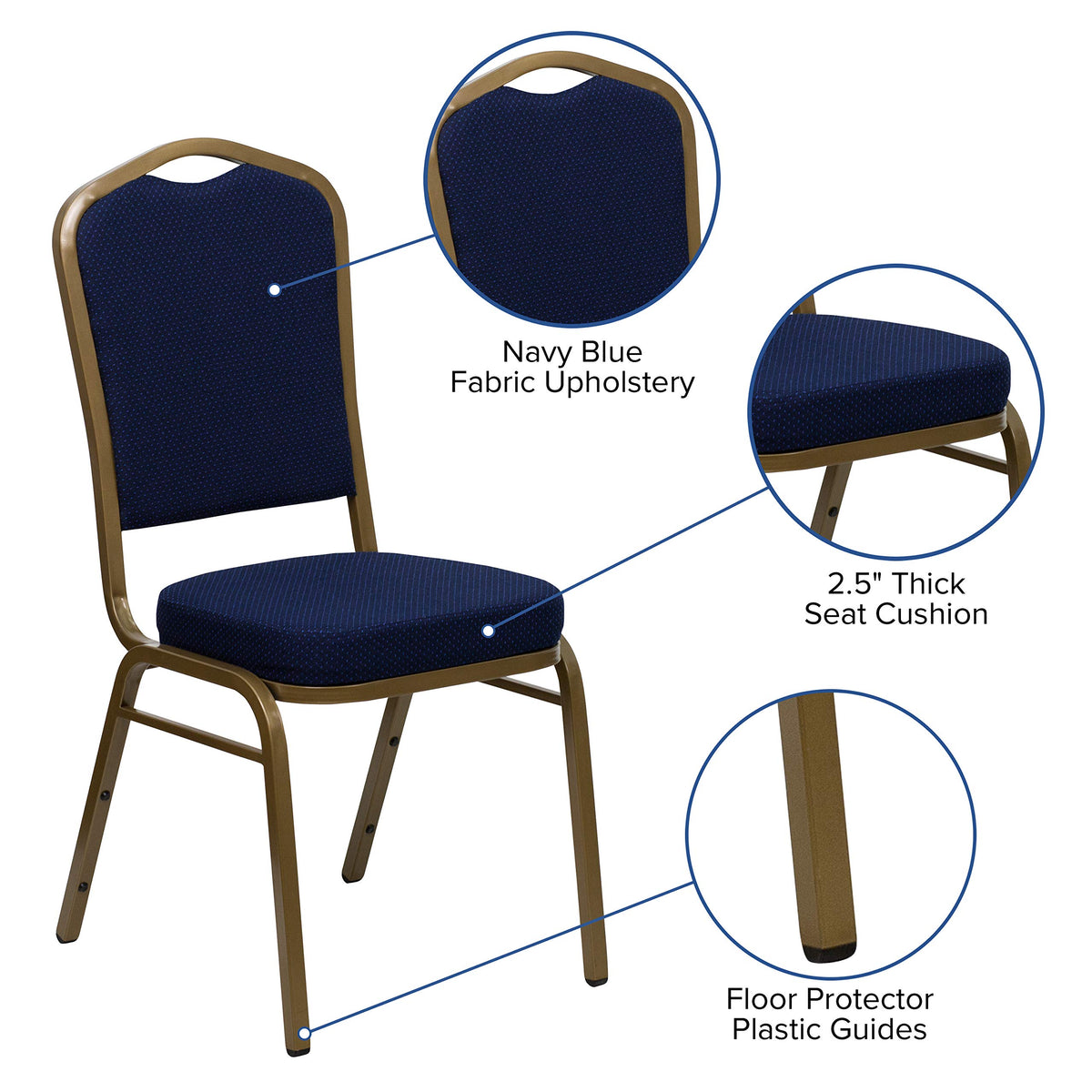 Flash Furniture Hercules Fabric Crown Back Banquet Chair, Navy Blue, 4-pack, Set of 4, Navy Blue Patterned Fabric/gold Frame