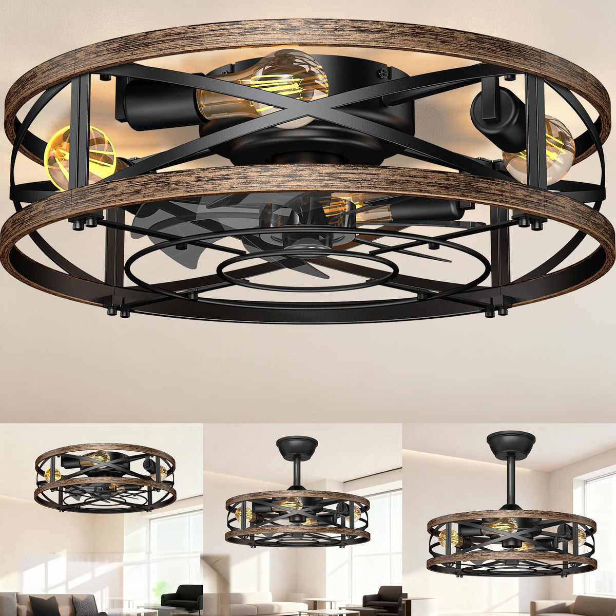 20in Caged Ceiling Fan with Lights, Low Profile Ceiling Fan, Small Rustic Industrial Farmhouse Ceiling Fans with Lights,Reversible Flush Mount Fandaliers Fan Light Ceiling Fixture for Bedroom Kitchen