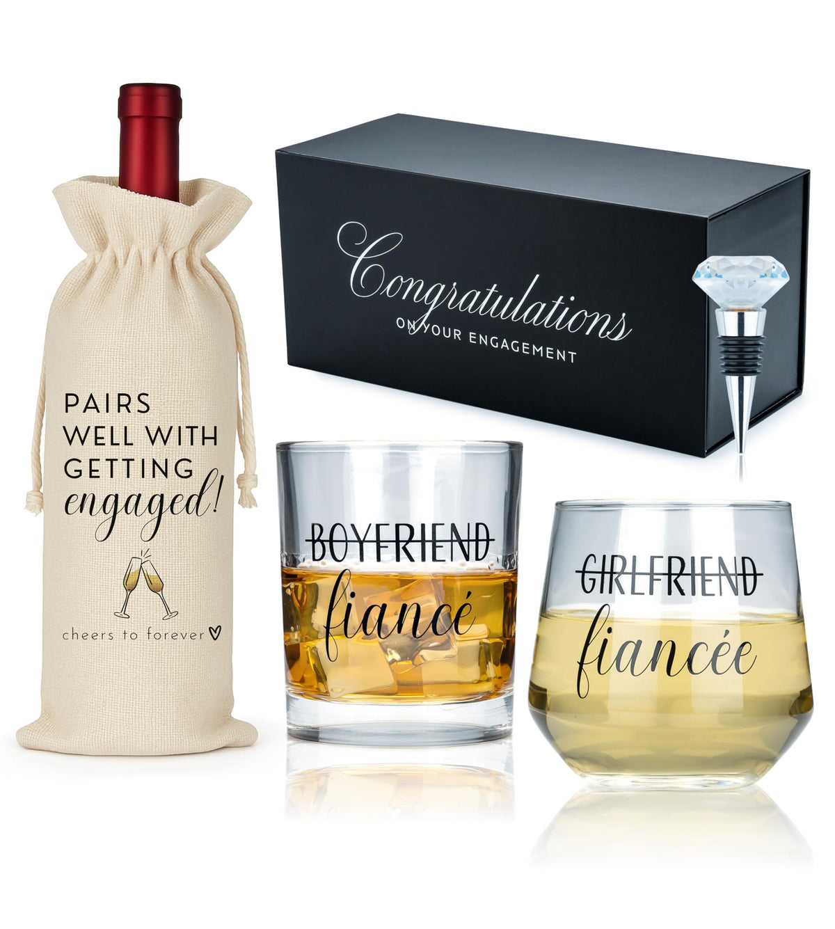 Engagement Gifts for Couples – Mr & Mrs Gift Set for Him & Her – Whiskey and Wine Glasses with Diamond Wine Stopper, Wine Bag – Newly Engaged Present for Fiance