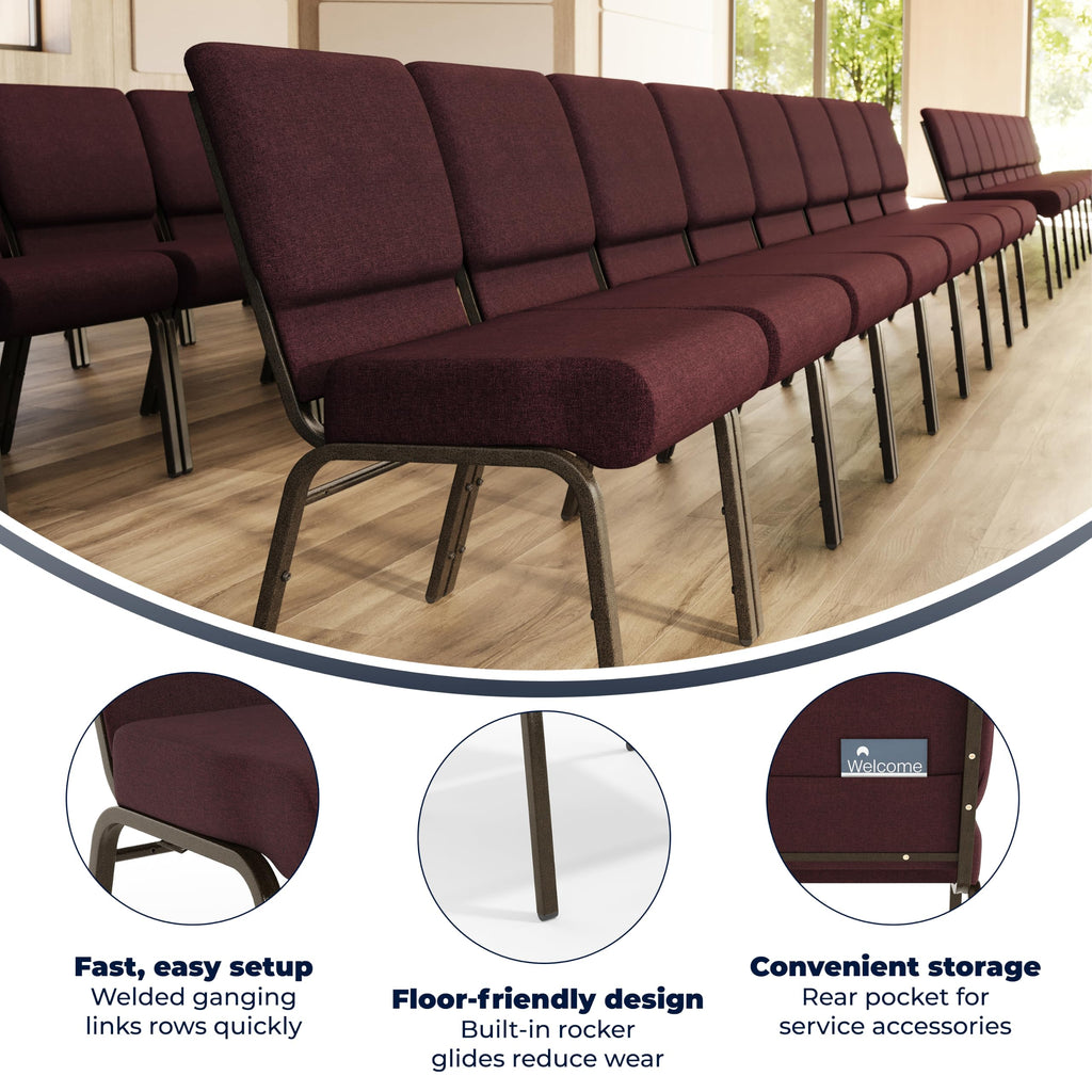 Flash Furniture 4 Pack Hercules Series 21''w Stacking Church Chair in Plum Fabric - Gold Vein Frame, Set of 4, Plum Fabric/gold Vein Frame