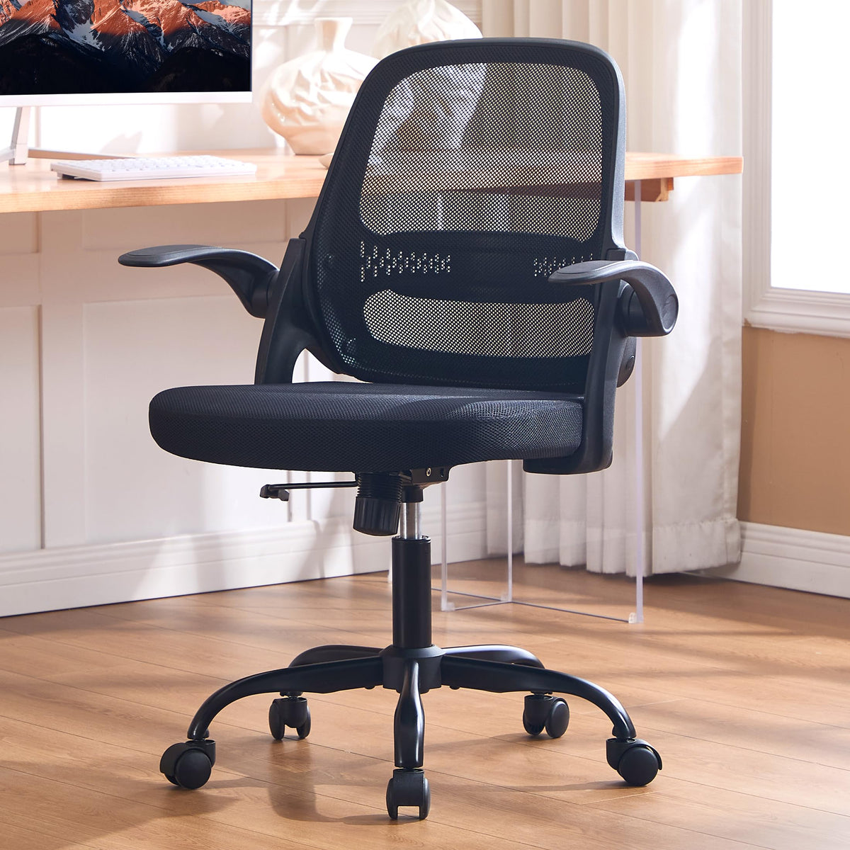Amseatec Ergonomic Mesh Desk Chair with Flip-up Arms, Supports 300 Lbs, 27.2 inches x 23 inches x 39.2 inches, Black