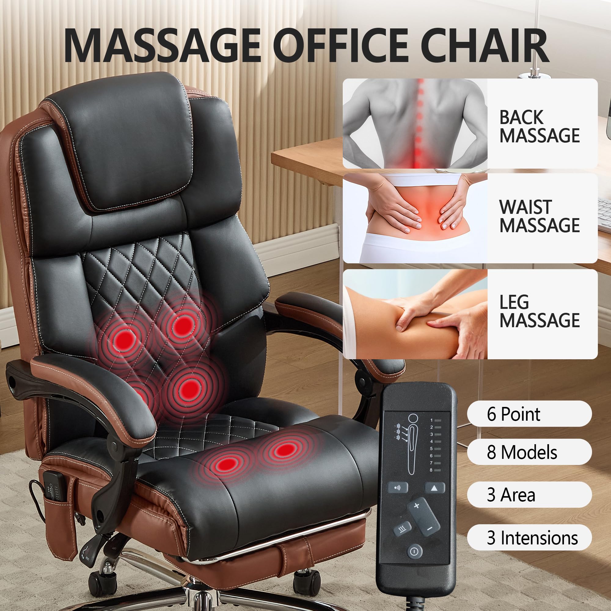 Massage Office Chair 6 Points 500lbs with Footrest,reclining Desk Chair with Vibration Heat,executive Big and Tall Chairs for Heavy
