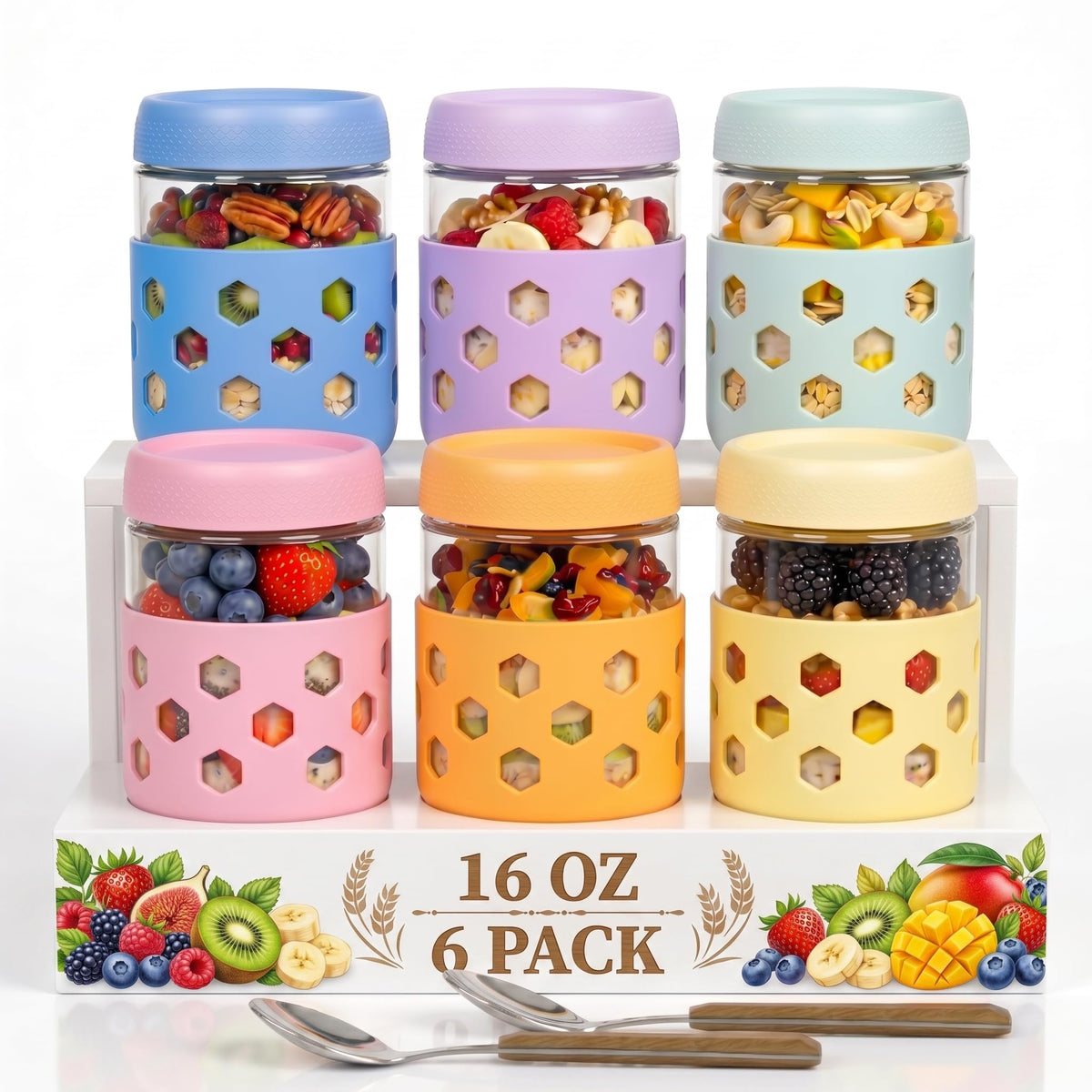 6-Pack 16 oz Overnight Oats Jars with Lids & Silicone Sleeves - Airtight Glass Mason Jars, Food Storage, Wide Mouth Meal Prep Containers for Chia Pudding, Yogurt, Berries & Snacks (Include Spoons)