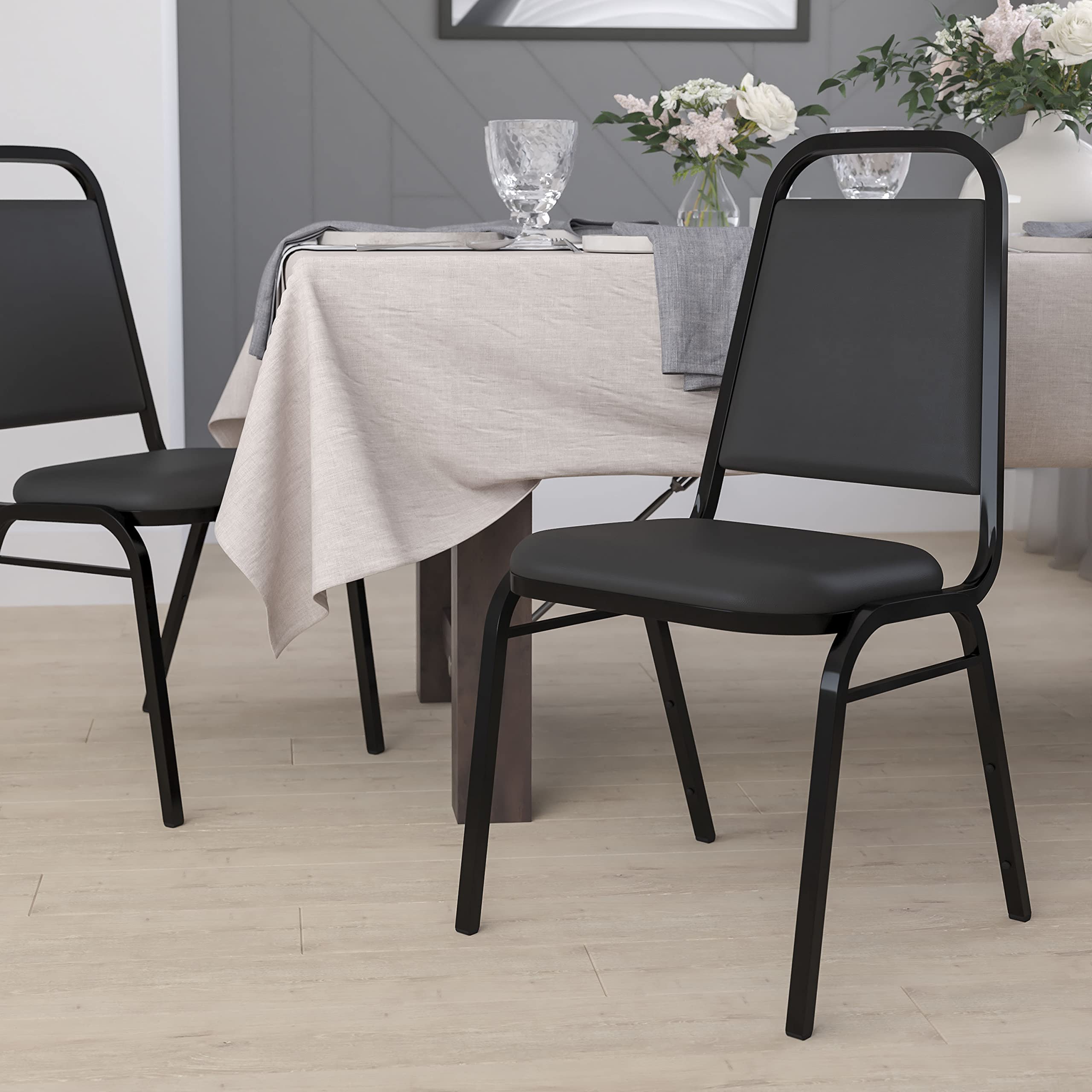 Flash Furniture Hercules Trapezoidal Back Stackable Banquet Chair, Black, Set of 1, Black Vinyl/black Frame
