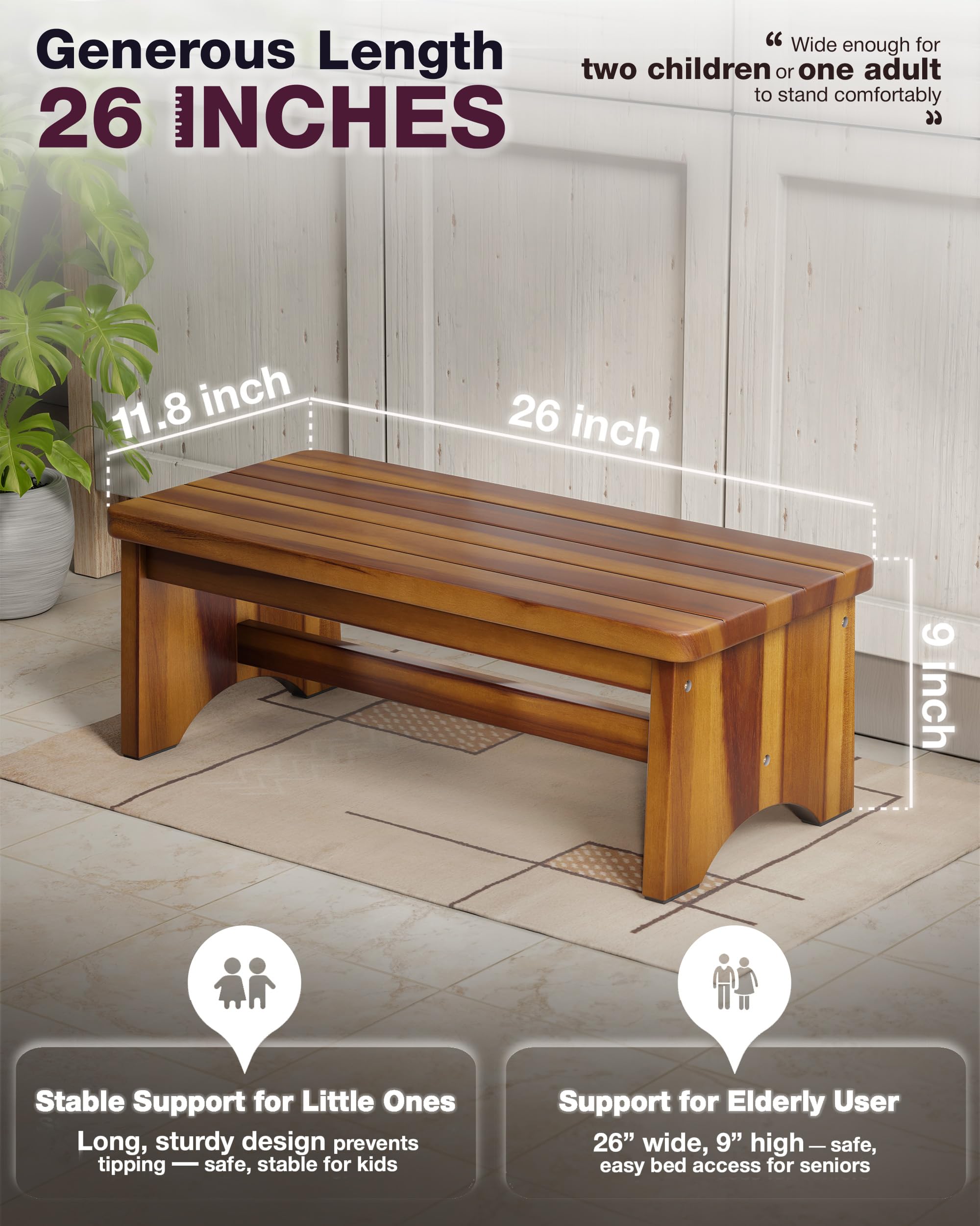 Fanatu Extra Wide 26in Wooden Step Stool, Heavy Duty, Holds Up to 550 Lbs, 11.8''D x 26''W x 9''H, Warm Acacia