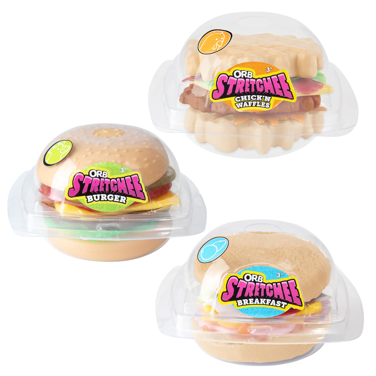 ORB Stretchee Foodz - Secret Menu 3 Pack - Mix and Match, Stretch, and Even Squeeze This Hamburger and Sandwich Trio for Stress Relief - Original Sensory/Fidget Play Food Toys for Kids and Adults