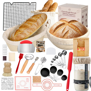 52 Pcs Sourdough Starter Kit, Sourdough Bread Baking Supplies with 9" Round & 10" Oval Banneton Bread Proofing Basket, Cooling Rack, Sour Dough Starter Jar, Bread Making Kit Gifts for Women Wife Mom