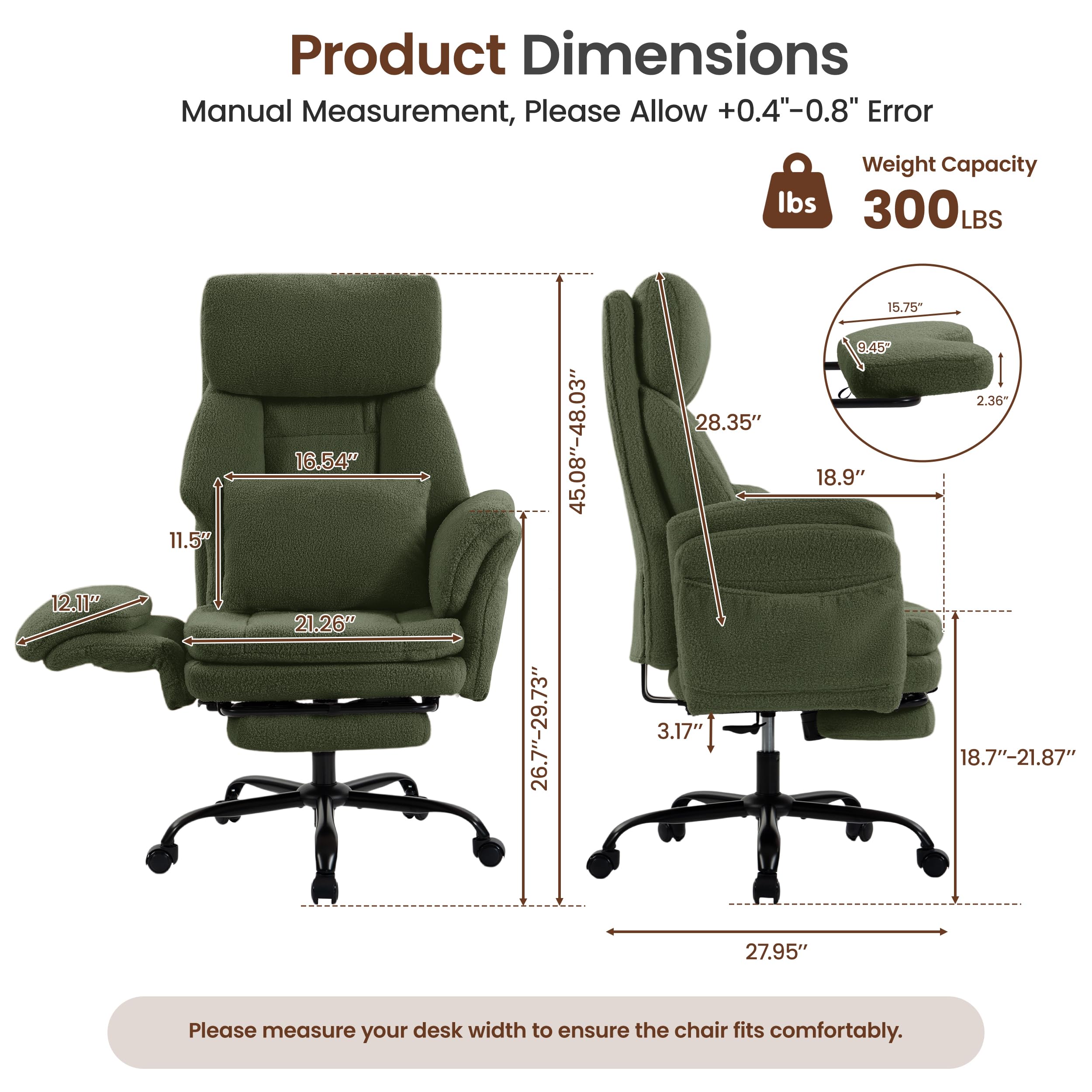 Fivewillowise Big and Tall Executive Office Chair with Foot Rest,reclining, 32"W*28"D*48"H, Teddy Green