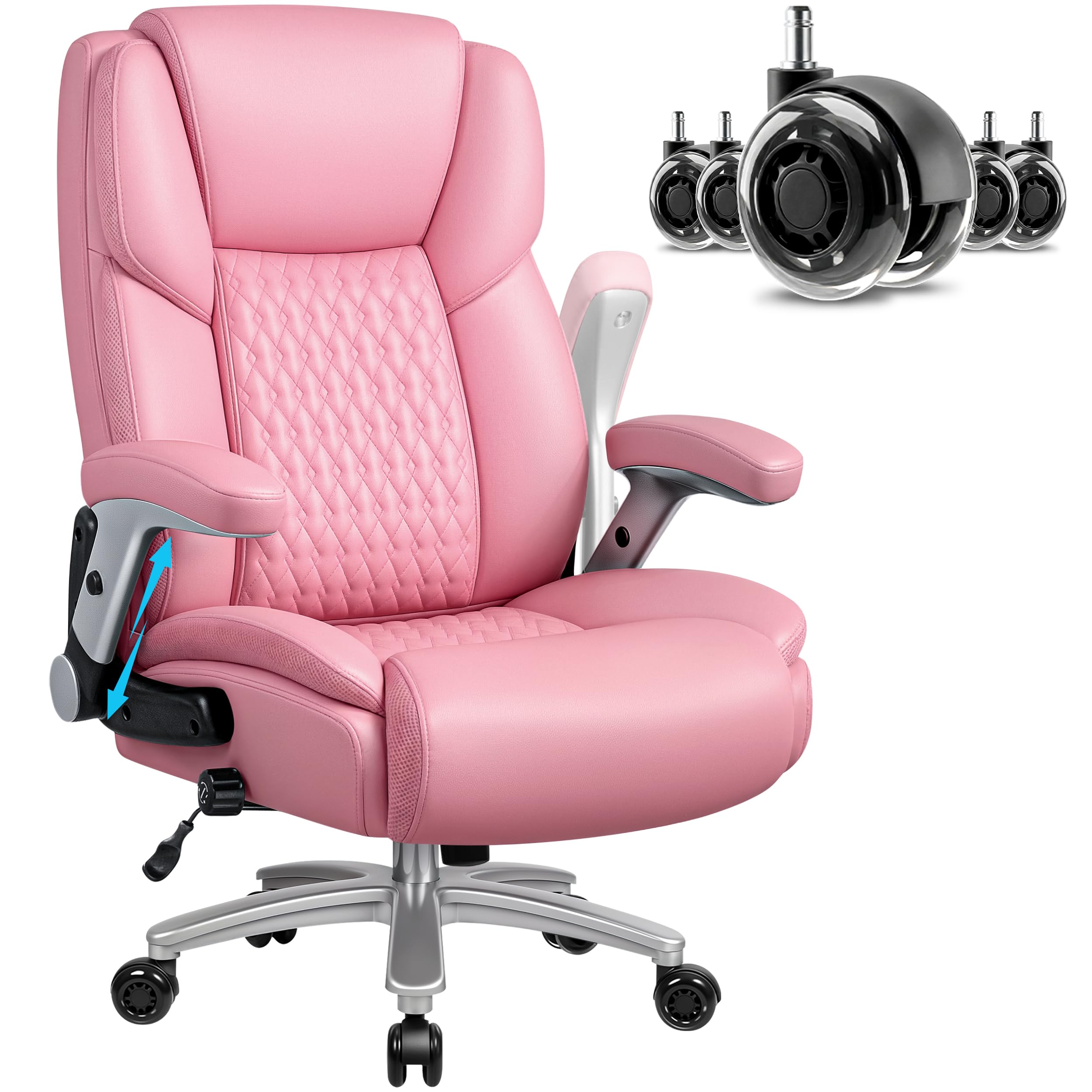 Big and Tall Office Chair 600lbs, Heavy Duty Executive Office Chair for Heavy People, Pink High Back Office Leather Ergonomic Chair with