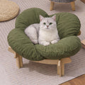 Elevated Wooden Cat Bed with Fluffy Removable Cushion, Modern Petal Shaped Cat Couch Sofa for Indoor Cats Small Dogs 40lbs Capacity Easy to Assemble (Green)