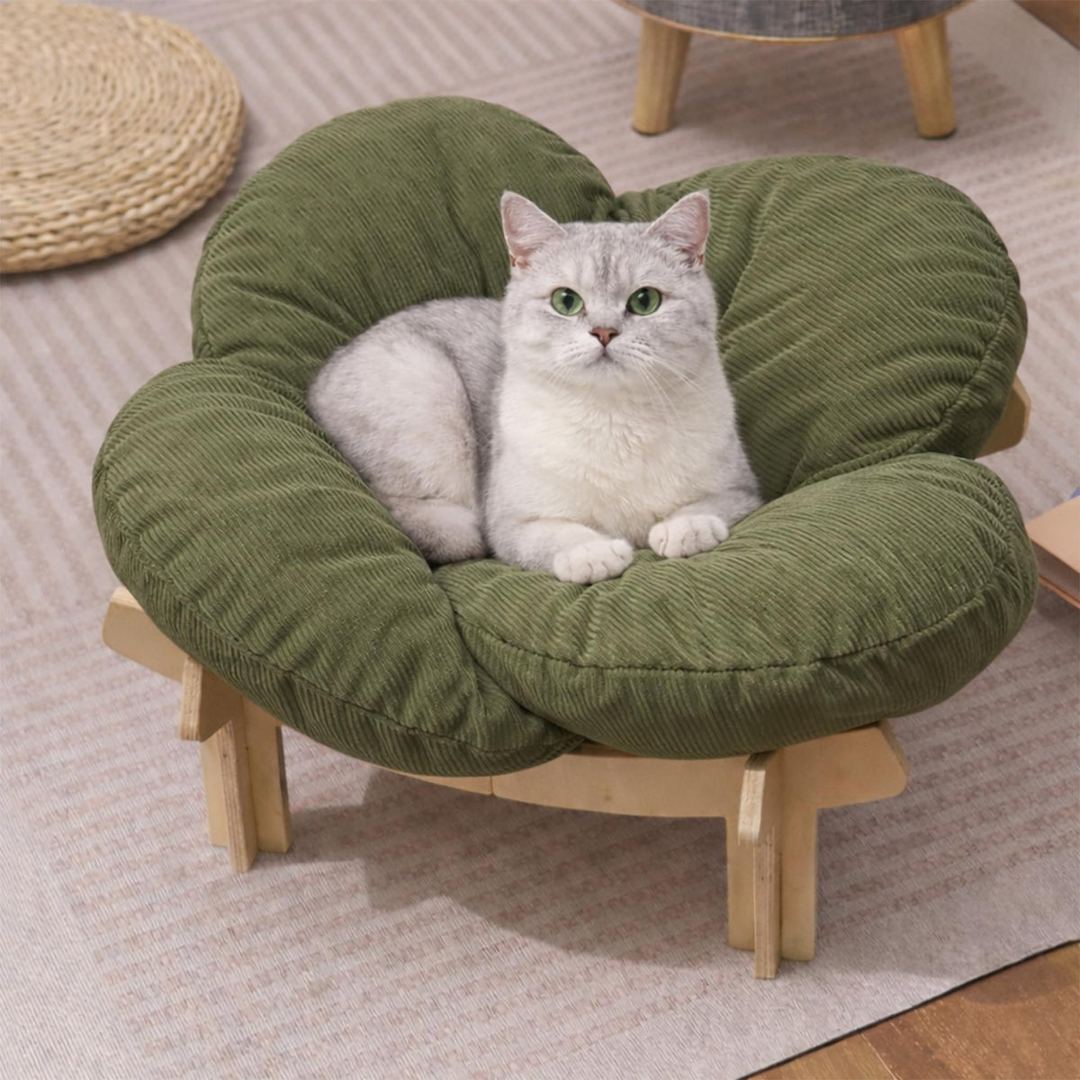 Elevated Wooden Cat Bed with Fluffy Removable Cushion, Modern Petal Shaped Cat Couch Sofa for Indoor Cats Small Dogs 40lbs Capacity Easy to Assemble (Green)