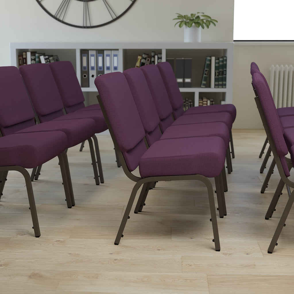 Emma + Oliver Plum 21" W Stacking Church Chair, 4-pack, 21.25"W x 25"D x 33"H, Plum Fabric/gold Vein Frame