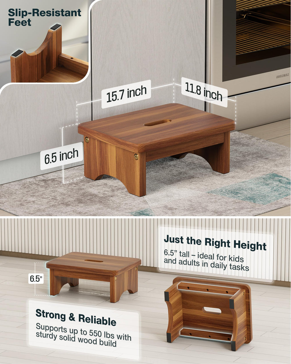 Fanatu Wooden Step Stool, 6.5'' One Step Stool for Adults, Wooden Beside Step Support with 550 Lbs Load Capacity,heavy
