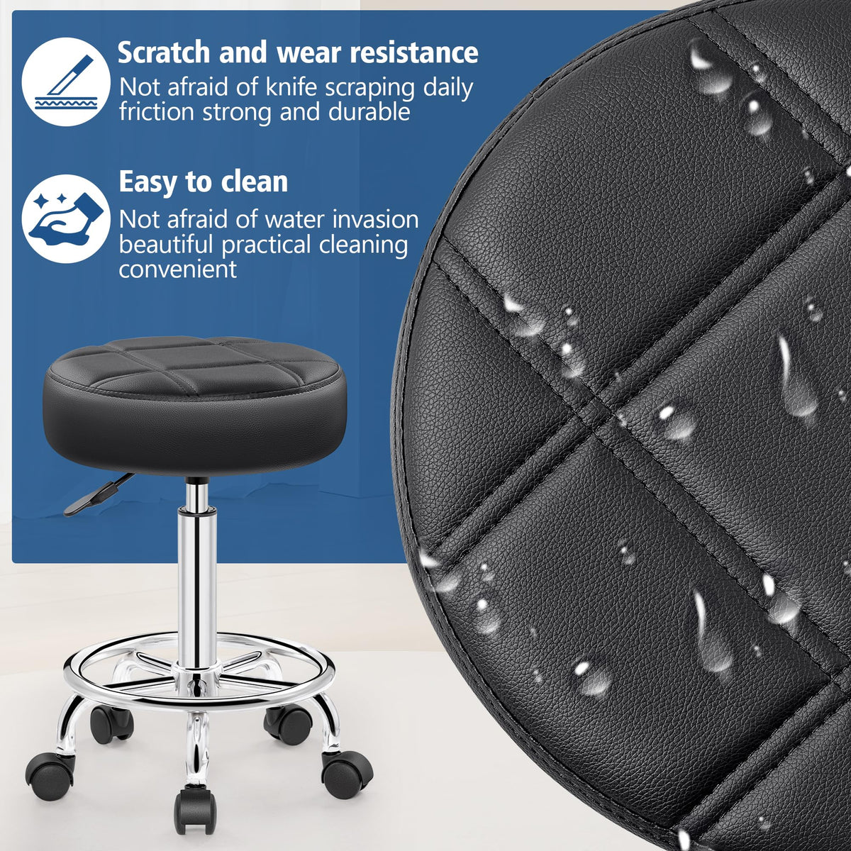 Brick Attic Rolling Stool with Wheels, Pu Leather Small Office Chair with Foot Rest,versatile Adjustable Swivel Stool for Tattoo Massage Salon