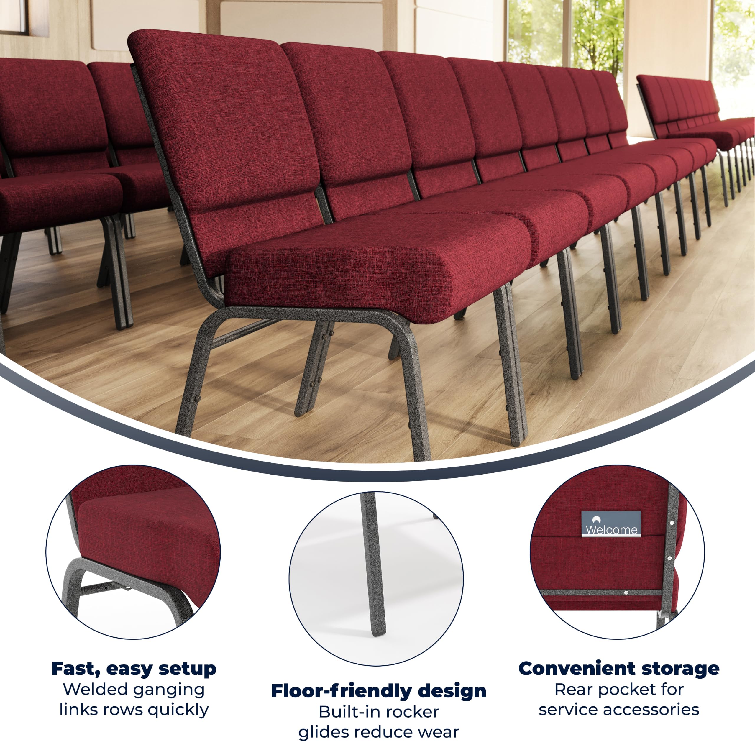 Flash Furniture Hercules Series 21''w Stacking Church Chair in Crimson Fabric - Silver Vein Frame, Set of 1, Crimson Fabric/silver Vein Frame